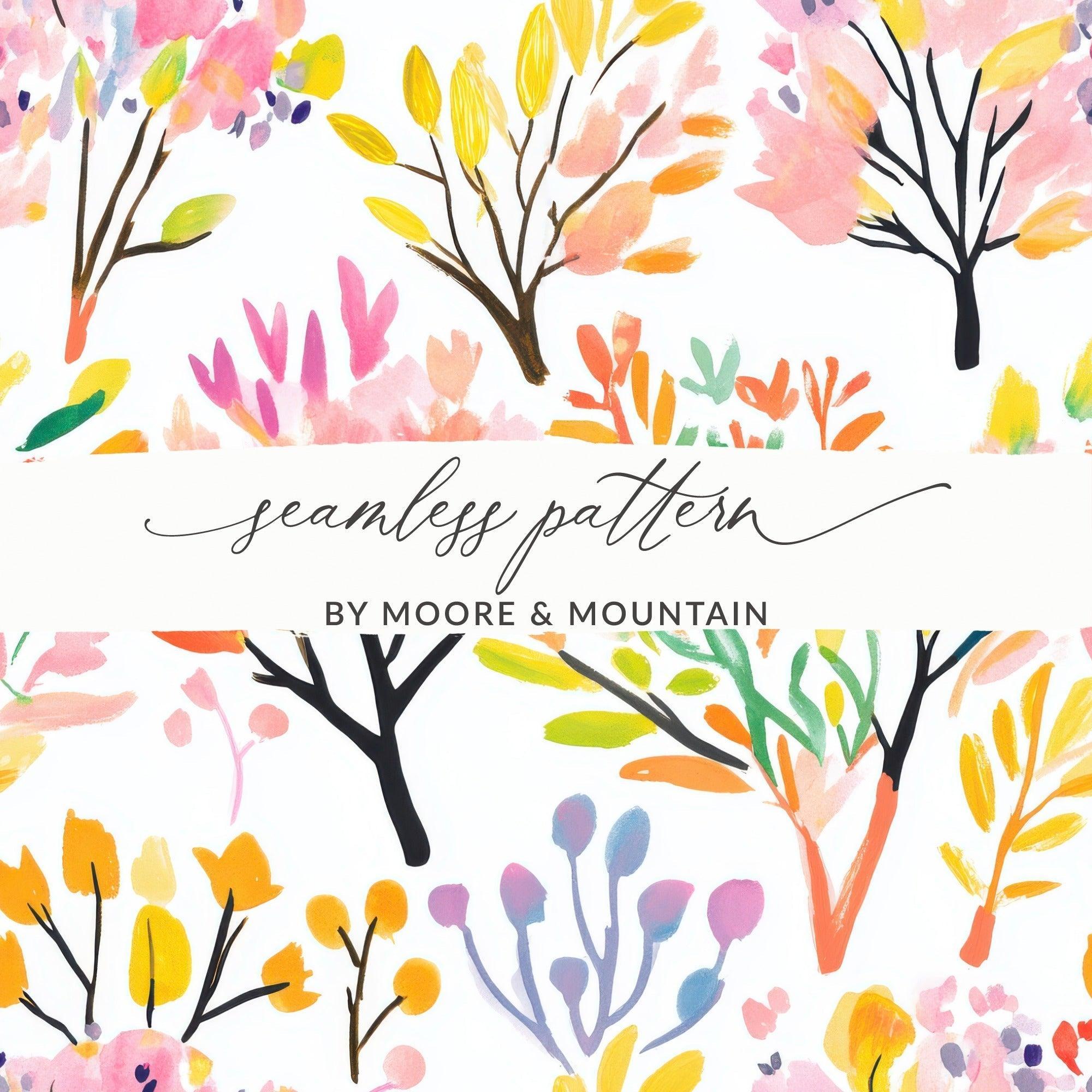 Watercolor Tree Seamless Pattern Digital Paper, Botanical Floral Design, Hand Painted Spring Print, Colorful Trees, Printable Digital - Moore and Mountain