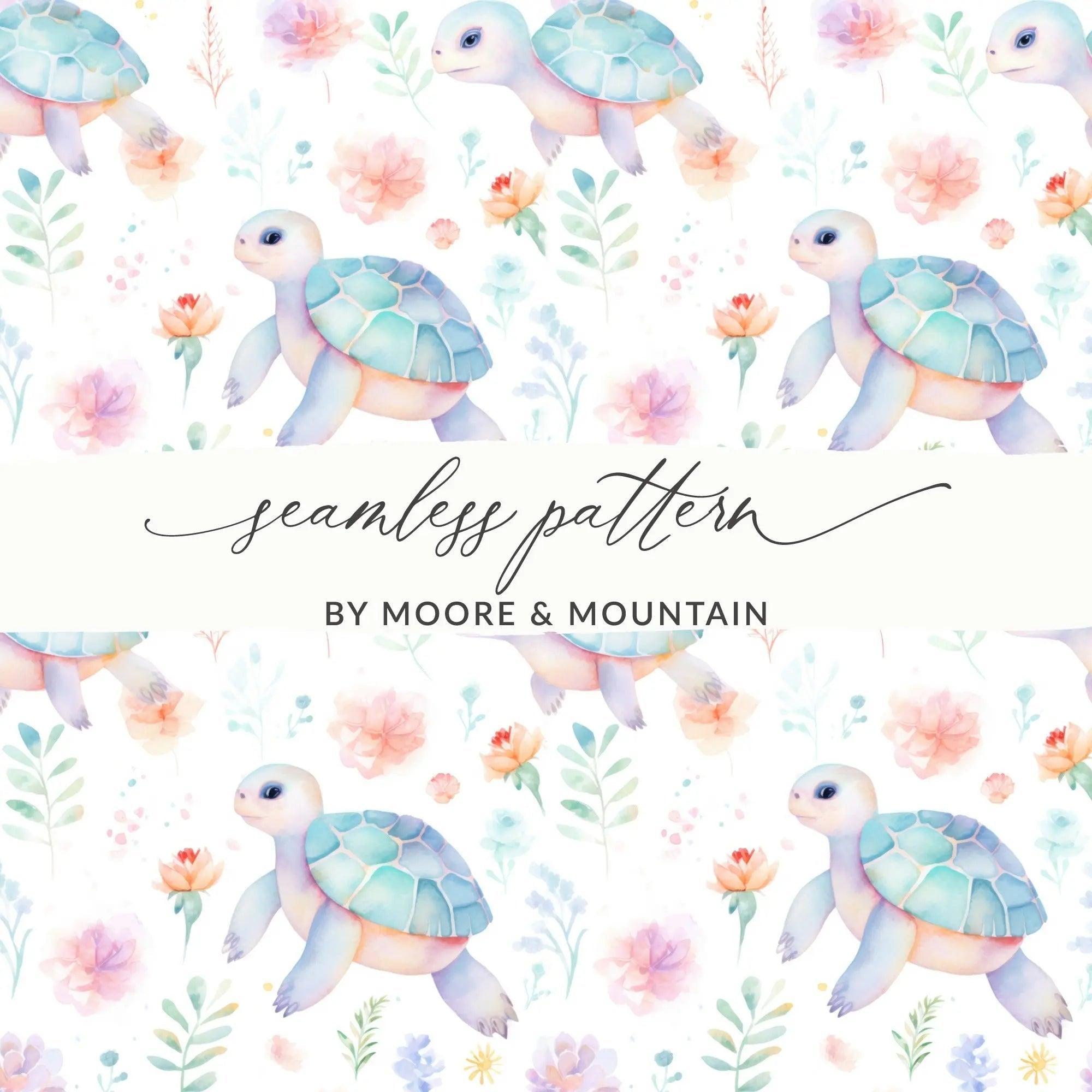 Watercolor Turtle Seamless Pattern, Floral Background, Digital Download, Pastel Colors, Nursery Art, Fabric Design, Scrapbooking - Moore and Mountain