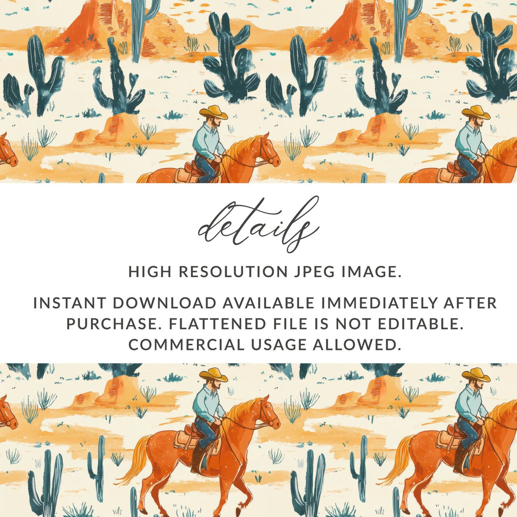Western Digital Paper, Cowboy Horse Digital Seamless Pattern, Cactus Desert JPEG for Crafts, Scrapbooking, Fabric, Wallpaper, Tile - Moore and Mountain