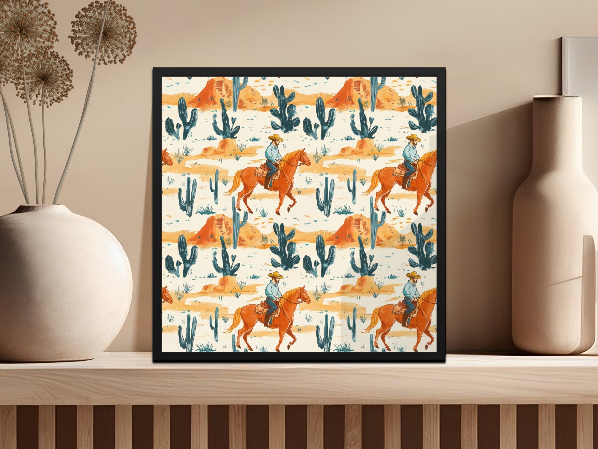 Western Digital Paper, Cowboy Horse Digital Seamless Pattern, Cactus Desert JPEG for Crafts, Scrapbooking, Fabric, Wallpaper, Tile - Moore and Mountain