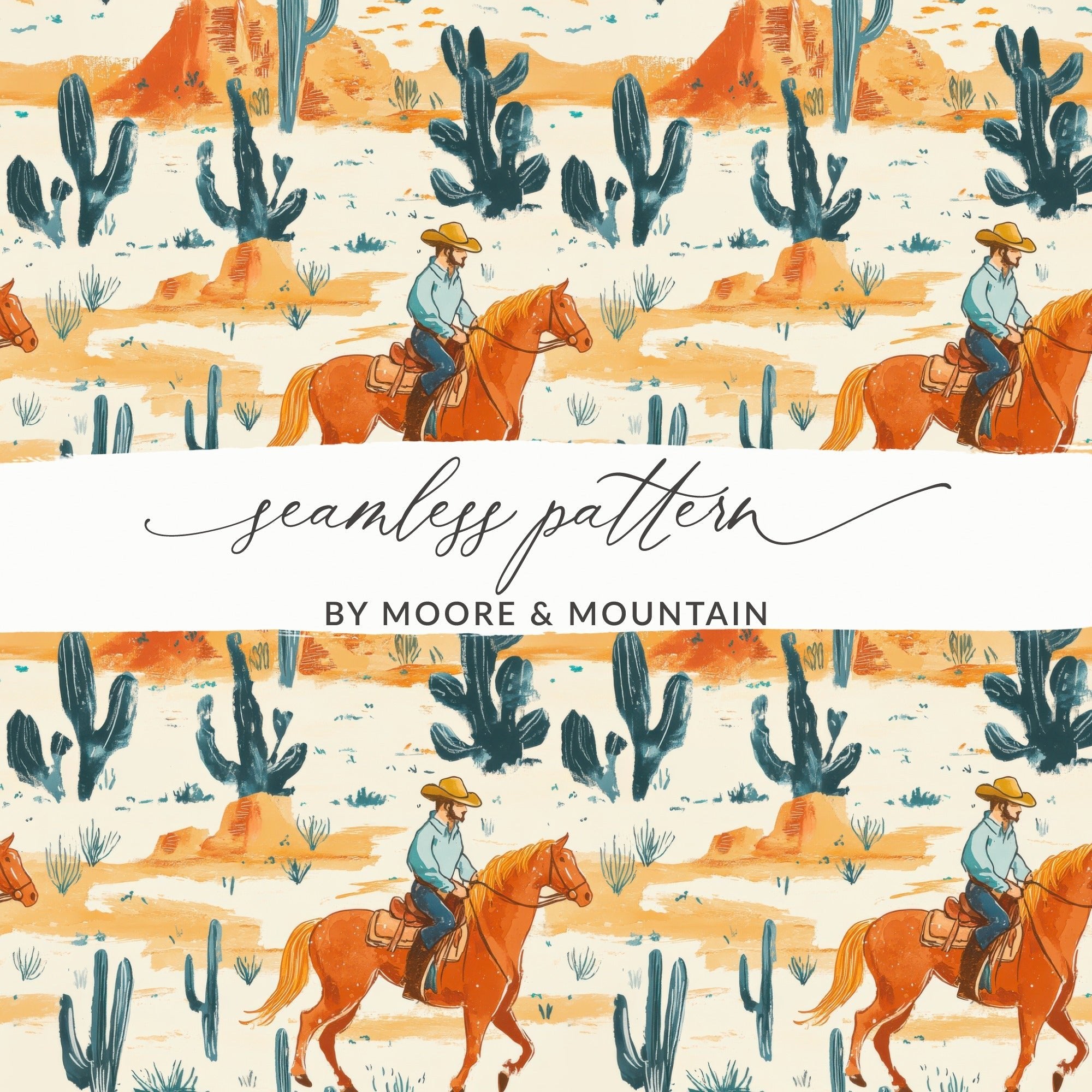 Western Digital Paper, Cowboy Horse Digital Seamless Pattern, Cactus Desert JPEG for Crafts, Scrapbooking, Fabric, Wallpaper, Tile - Moore and Mountain