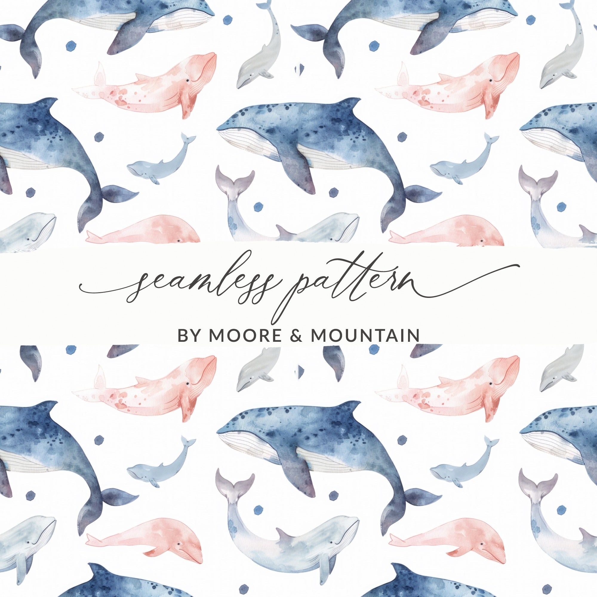 Whale Seamless Pattern Digital Paper, Ocean Watercolor, Sea Life Repeat Pattern for Fabric, Scrapbooking, Backgrounds, Digital Downloads - Moore and Mountain