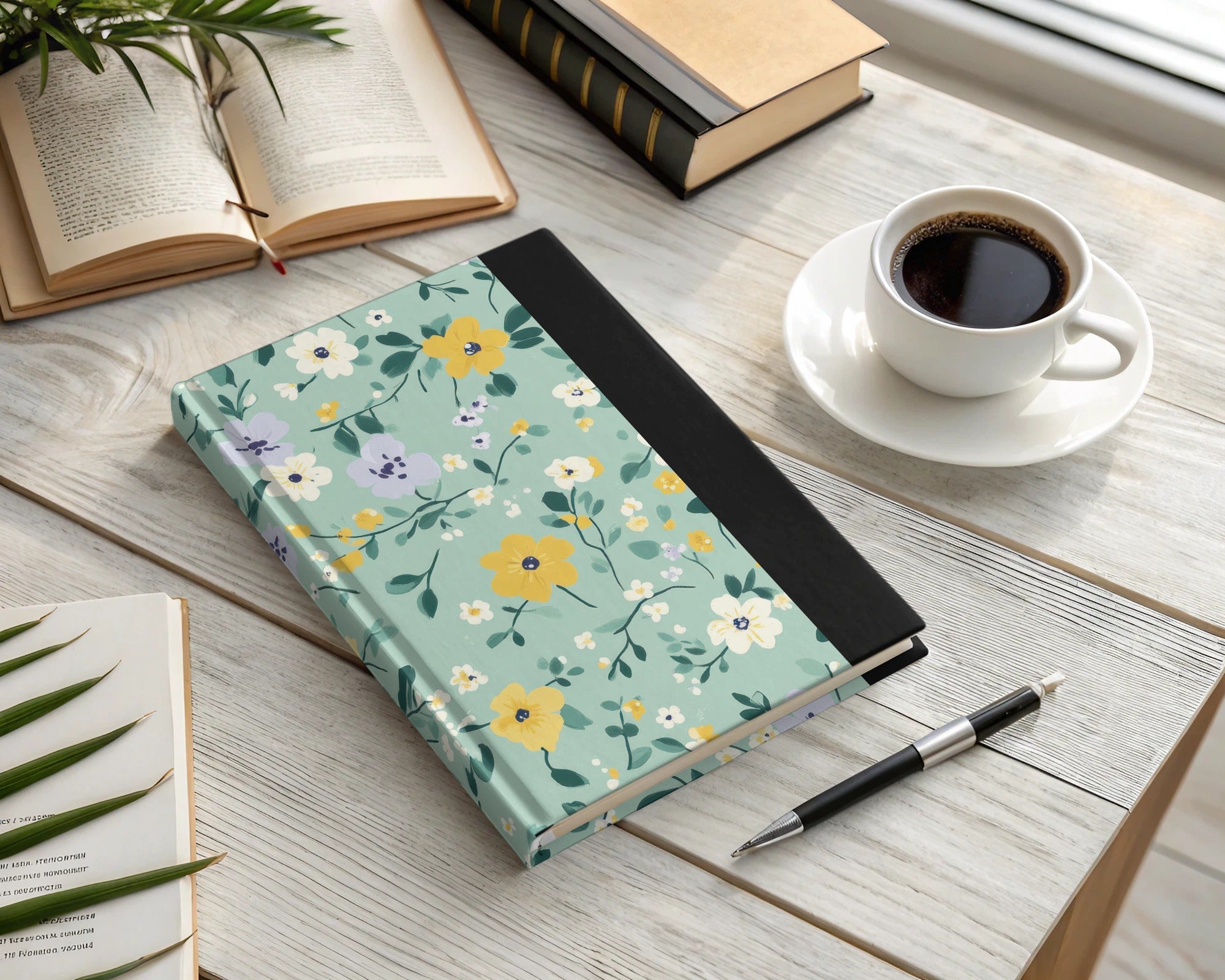 Floral Mint Green Desk Journal with Yellow Blossoms