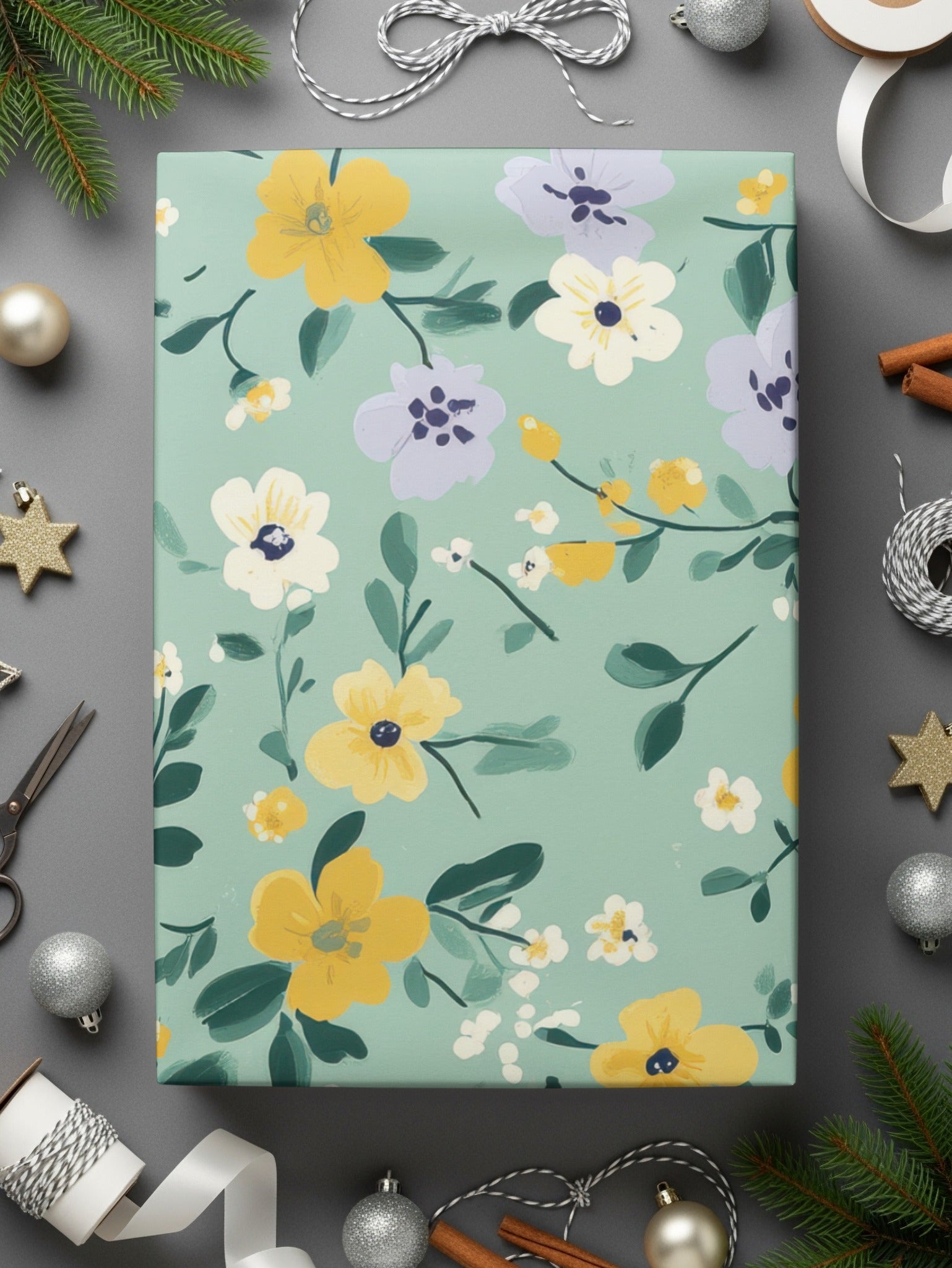 Floral Patterned Gift Wrap with Yellow and Purple Flowers