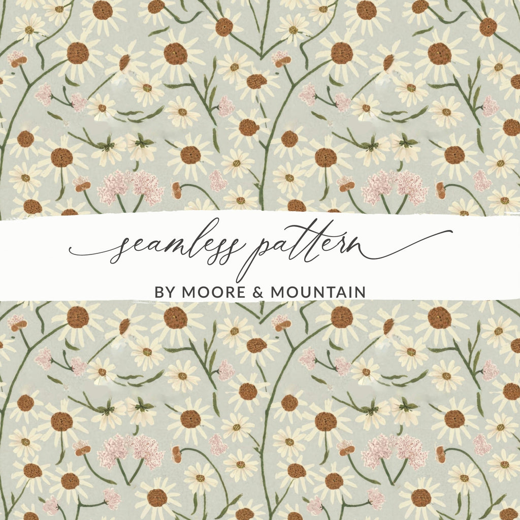 White Daisy Floral Pattern Digital Paper, Light Blue Summer Flower Repeat, Watercolor Spring Seamless Pattern, Flower Garden Print - Moore and Mountain
