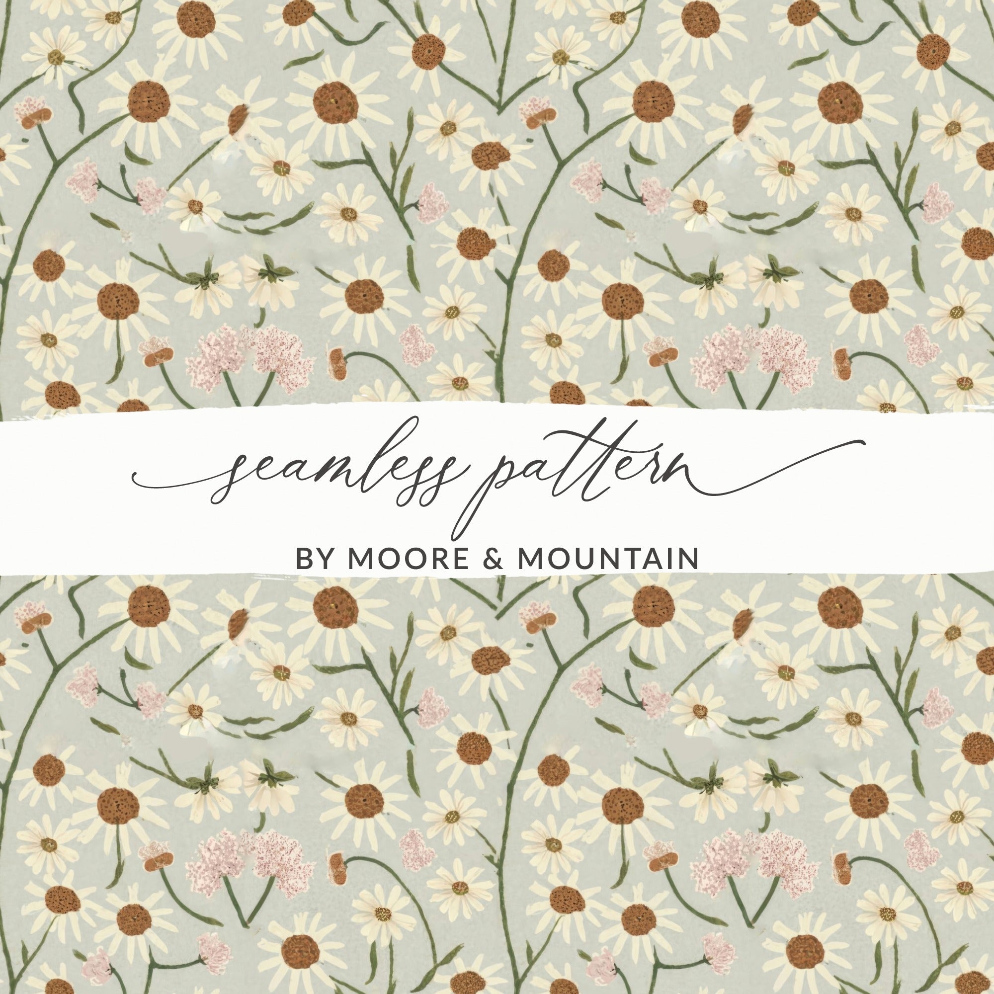 White Daisy Floral Pattern Digital Paper, Light Blue Summer Flower Repeat, Watercolor Spring Seamless Pattern, Flower Garden Print - Moore and Mountain