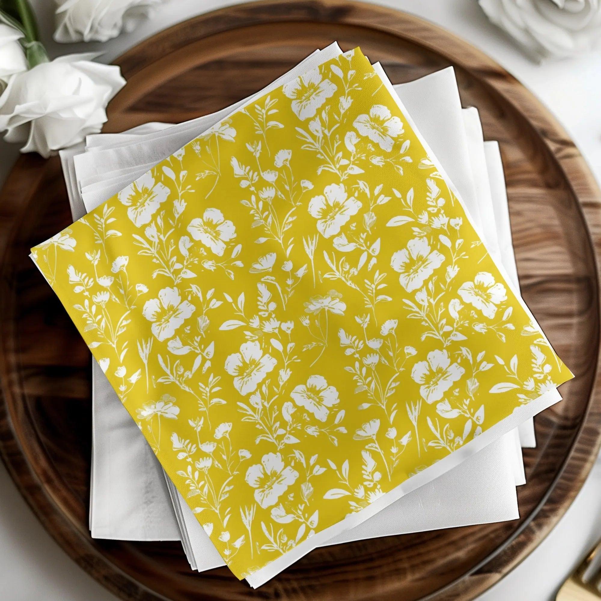 White Floral Pattern, Yellow Background, Digital Paper, Seamless Digital Design, Floral Digital Paper, Printable Pattern - Moore and Mountain