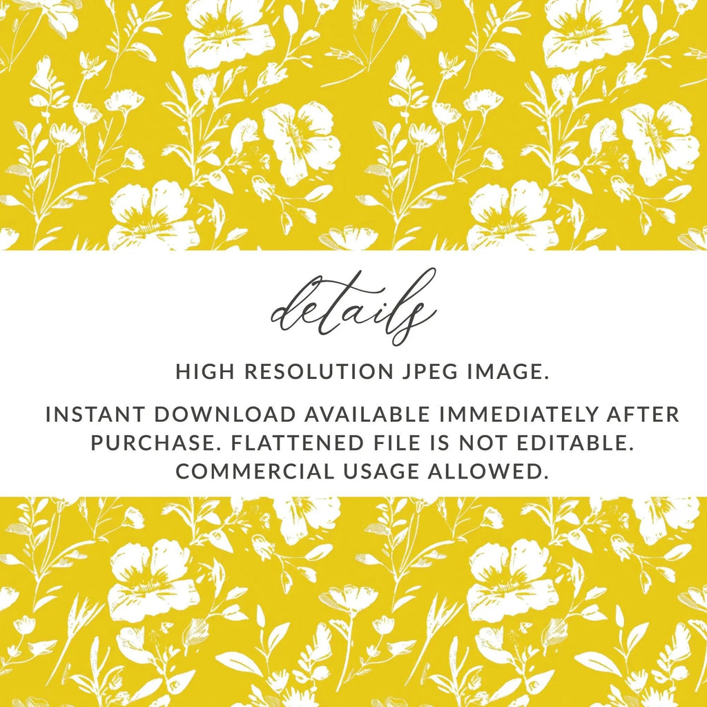 White Floral Pattern, Yellow Background, Digital Paper, Seamless Digital Design, Floral Digital Paper, Printable Pattern - Moore and Mountain