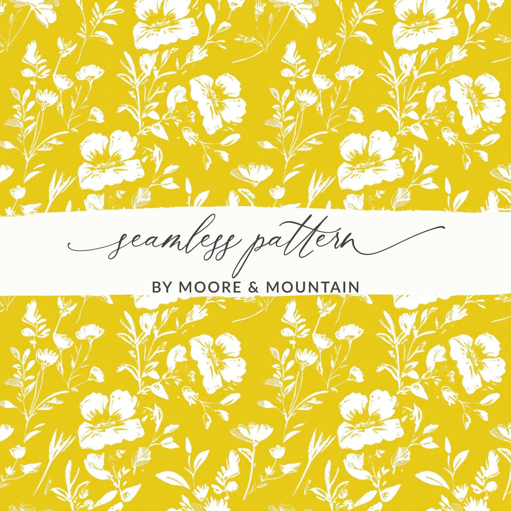 White Floral Pattern, Yellow Background, Digital Paper, Seamless Digital Design, Floral Digital Paper, Printable Pattern - Moore and Mountain
