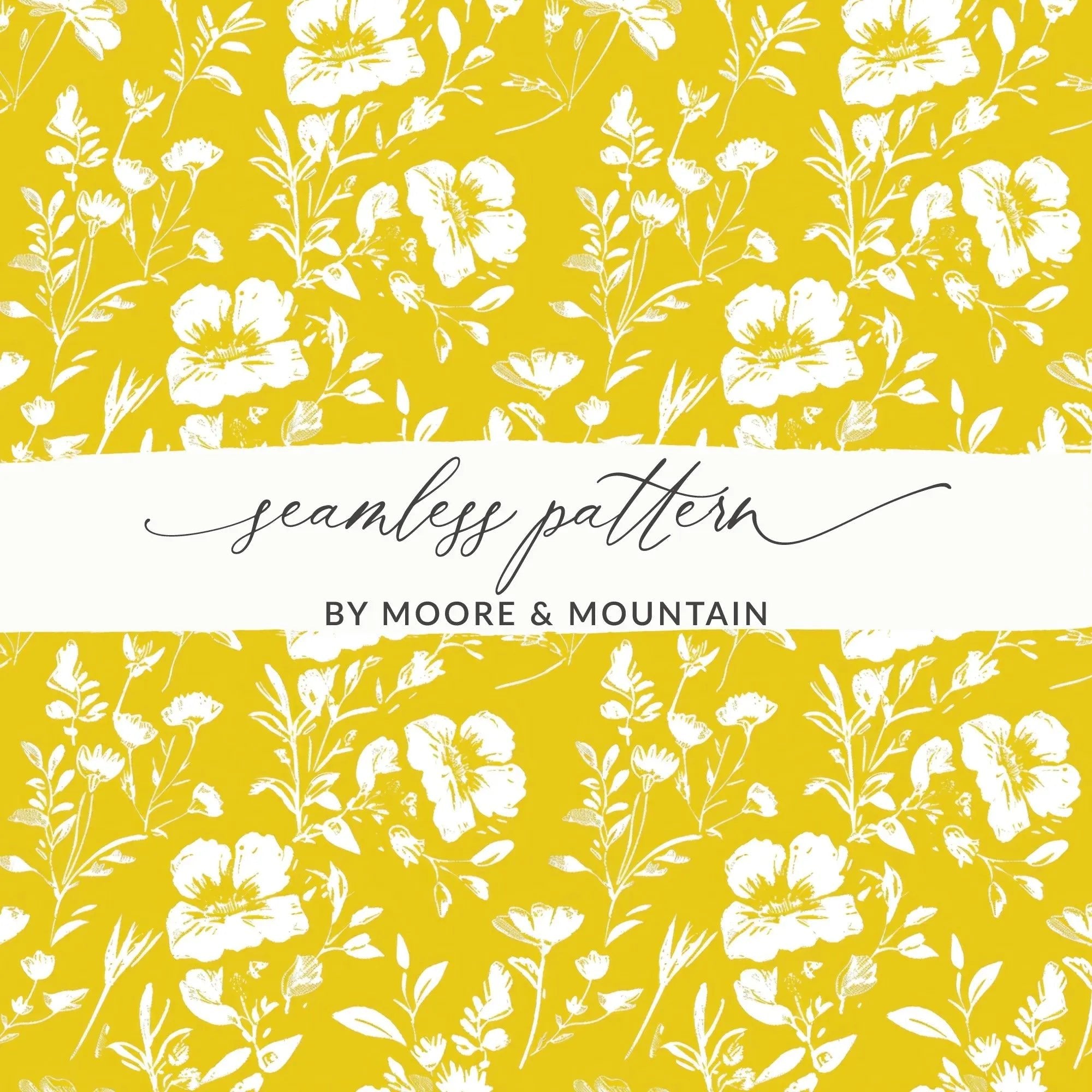 White Floral Pattern, Yellow Background, Digital Paper, Seamless Digital Design, Floral Digital Paper, Printable Pattern - Moore and Mountain