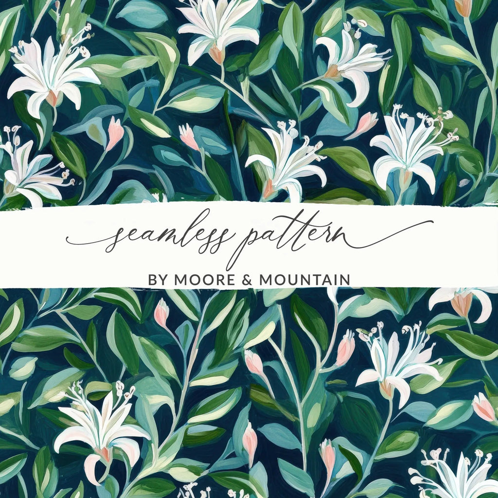 White Lily Seamless Digital Pattern, Floral Repeat Pattern, Fabric Design, Background Texture, Printable Paper, Digital Download - Moore and Mountain