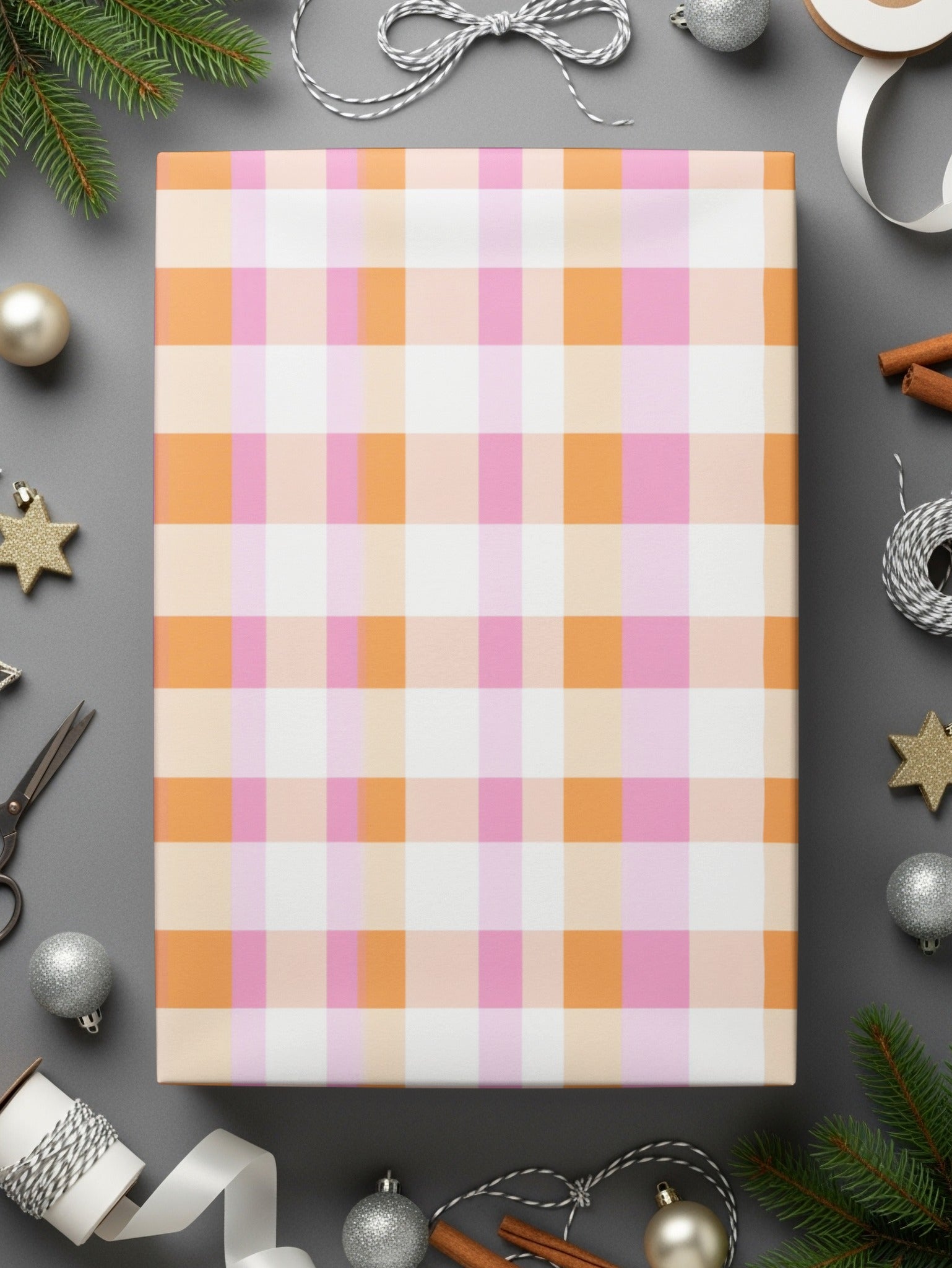 Festive Pink and Orange Plaid Holiday Gift Wrap