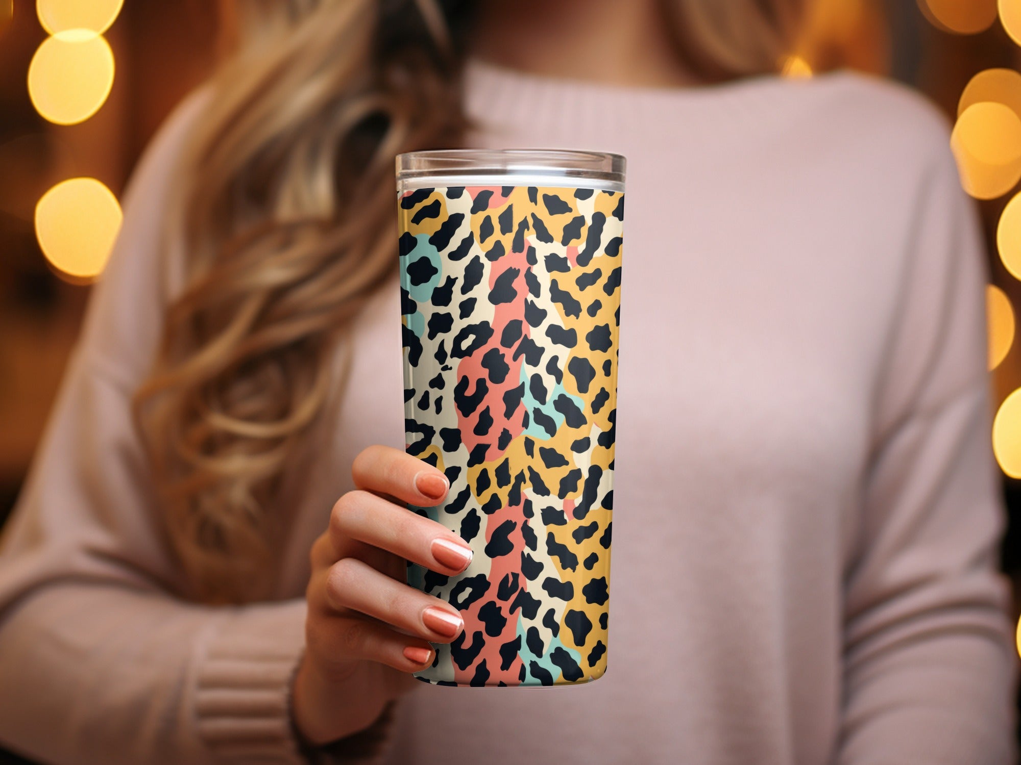 Vibrant Leopard Print Tumbler with Multicolor Design