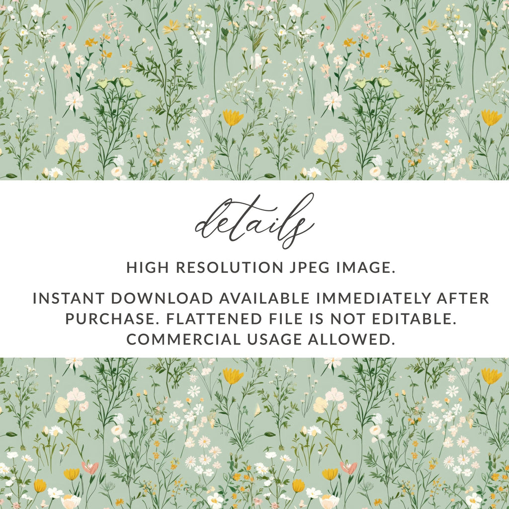 Wildflower Field Digital Paper, Seamless Floral Pattern, Sage Green Background, Digital Fabric Design, Repeating Pattern, 2 JPEG Scales - Moore and Mountain