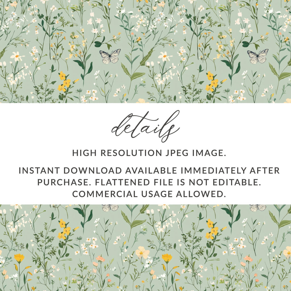 Wildflower Meadow Digital Seamless Pattern, Floral Butterfly Print, Botanical Scrapbook Paper, Fabric Design, Two Scale Options - Moore and Mountain
