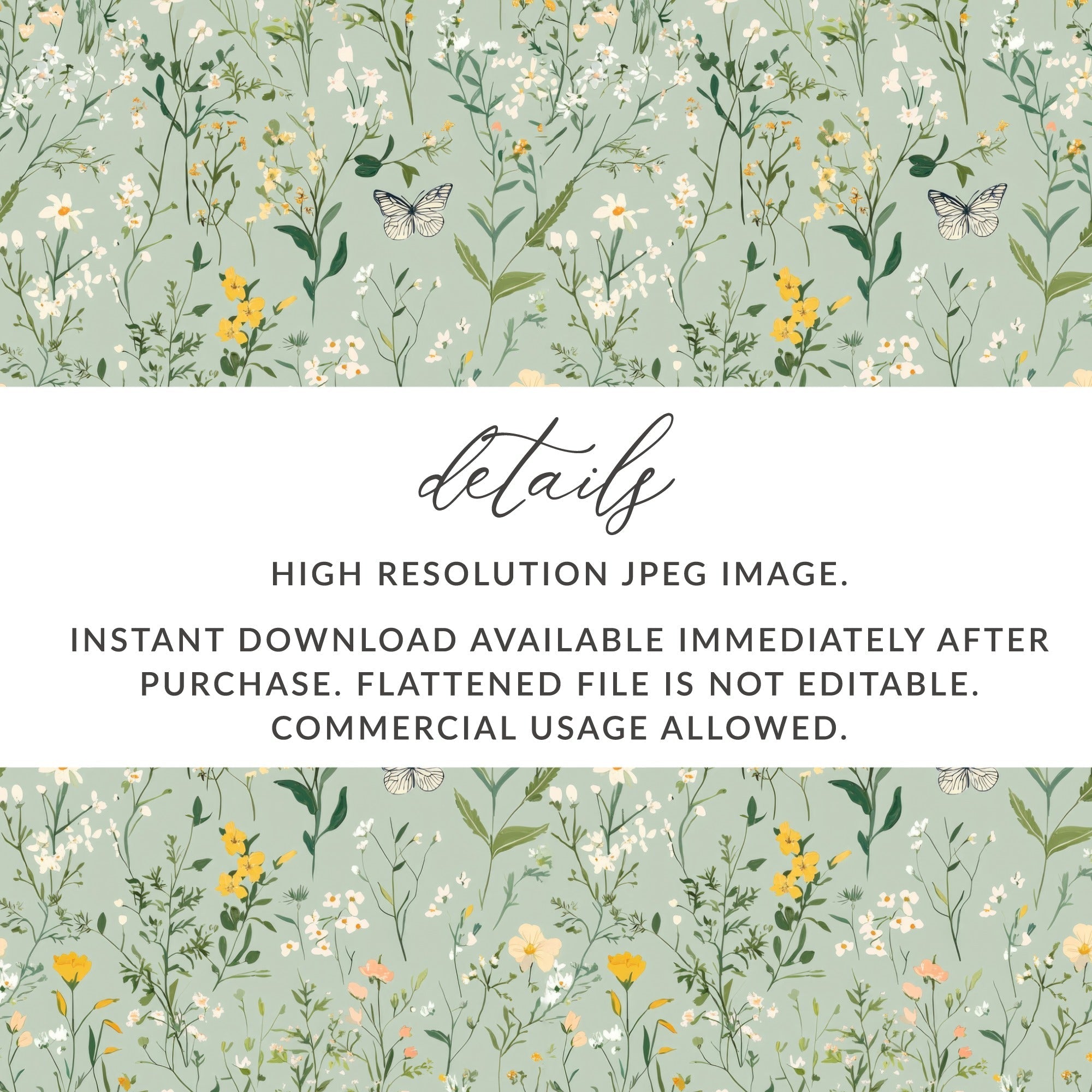 Wildflower Meadow Digital Seamless Pattern, Floral Butterfly Print, Botanical Scrapbook Paper, Fabric Design, Two Scale Options - Moore and Mountain