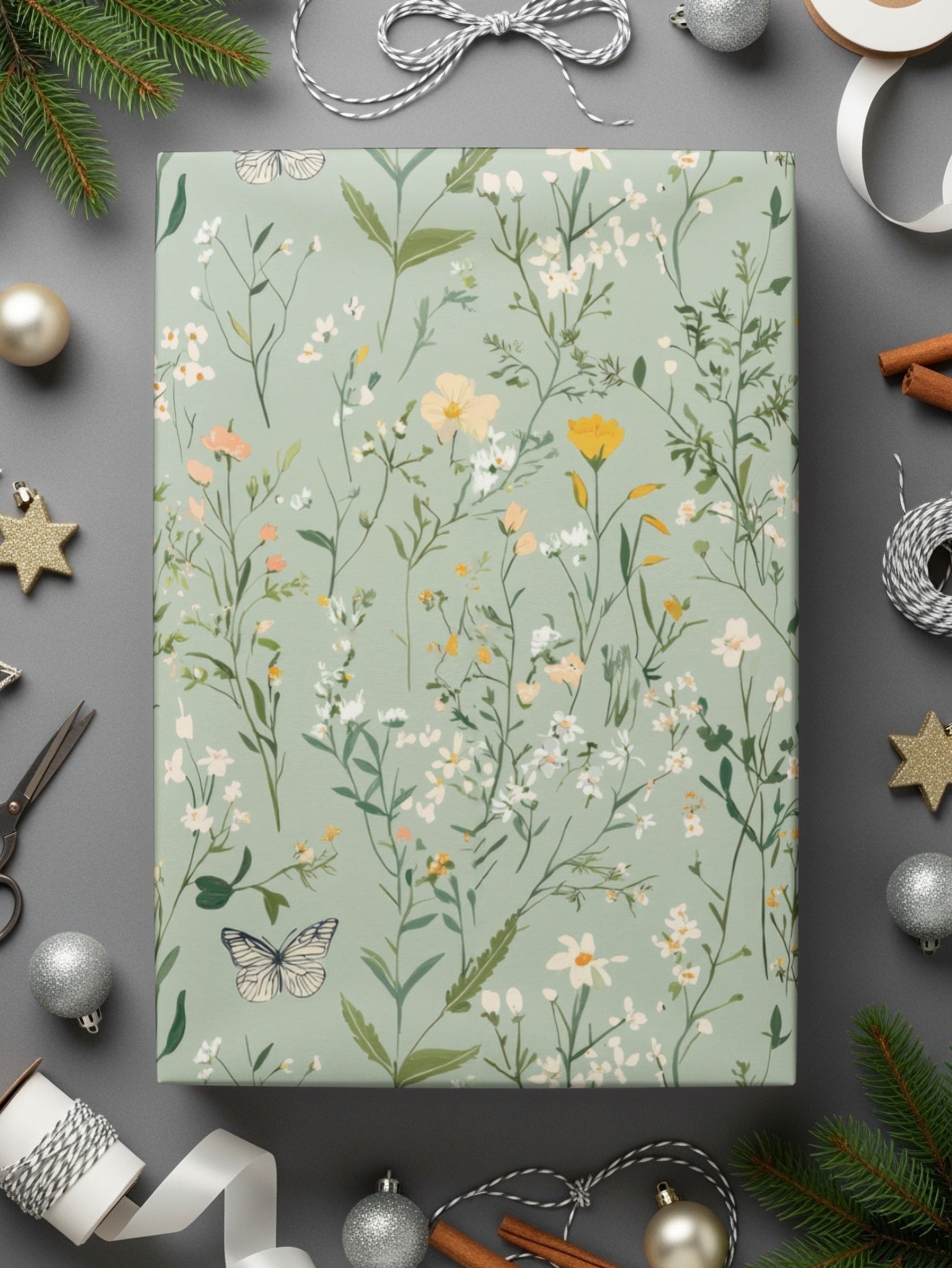 Wildflower Meadow Digital Seamless Pattern, Floral Butterfly Print, Botanical Scrapbook Paper, Fabric Design, Two Scale Options - Moore and Mountain