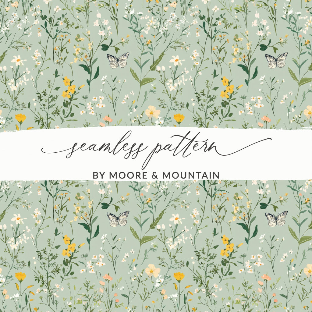 Wildflower Meadow Digital Seamless Pattern, Floral Butterfly Print, Botanical Scrapbook Paper, Fabric Design, Two Scale Options - Moore and Mountain