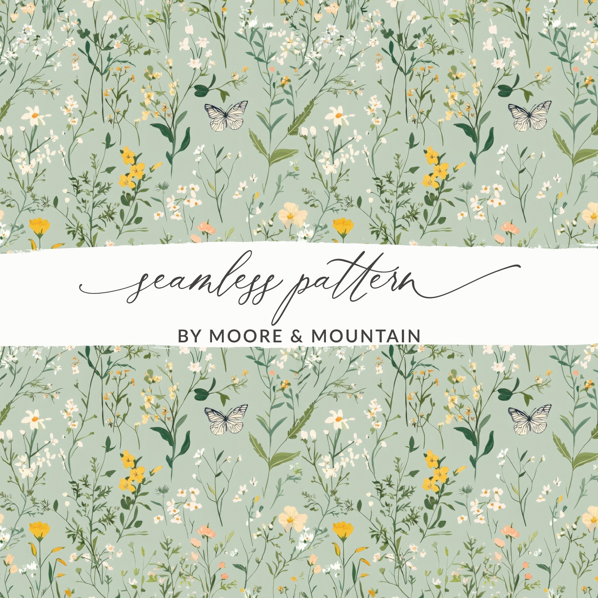 Wildflower Meadow Digital Seamless Pattern, Floral Butterfly Print, Botanical Scrapbook Paper, Fabric Design, Two Scale Options - Moore and Mountain