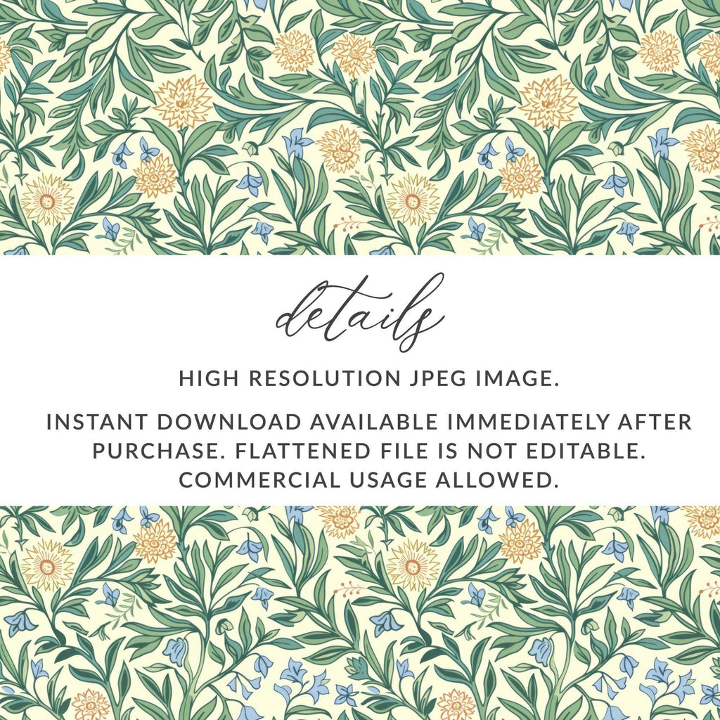 Floral Seamless Pattern Digital Paper, William Morris Style, Botanical Print, Flower Repeat Pattern, Fabric Design, Digital Download - Moore and Mountain