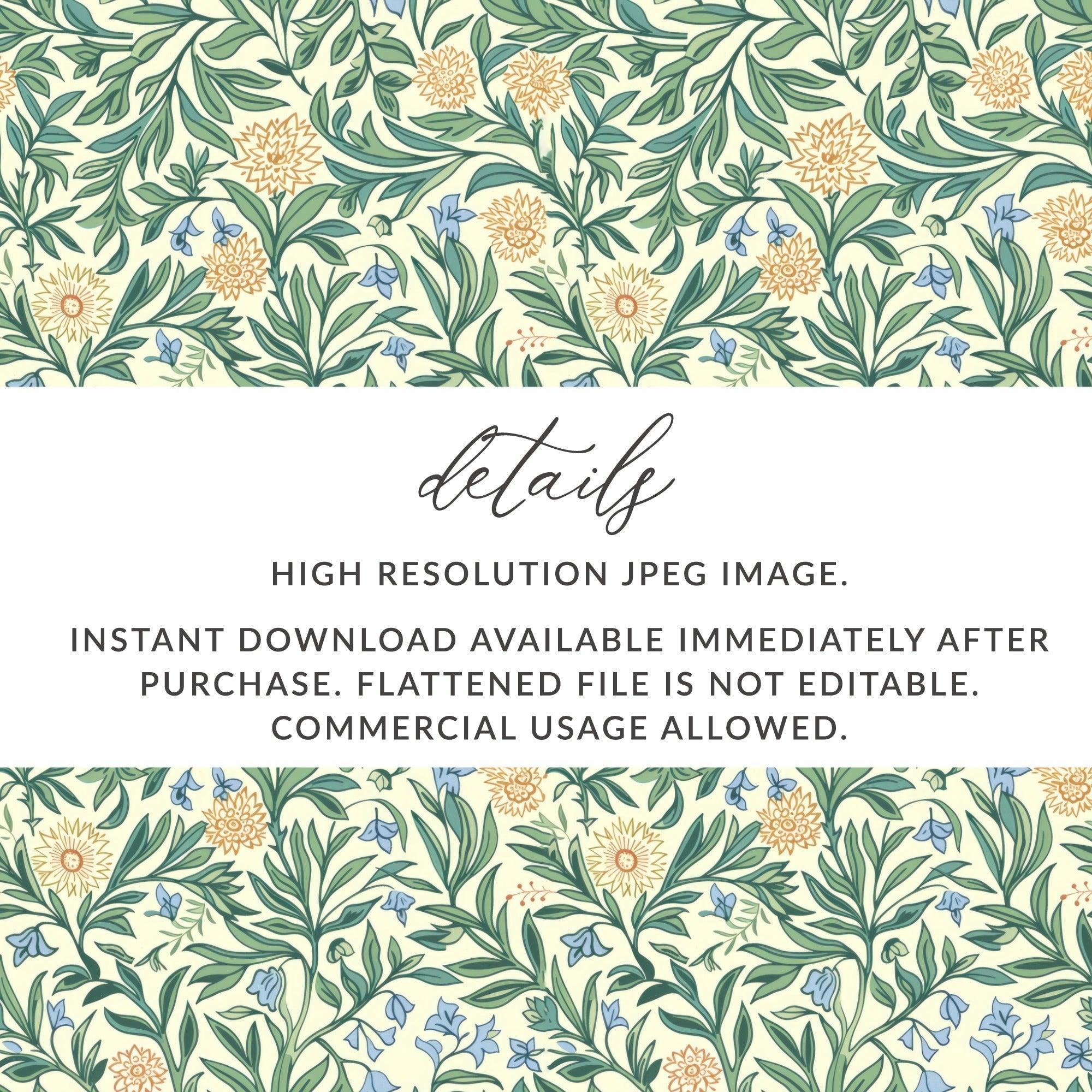 Floral Seamless Pattern Digital Paper, William Morris Style, Botanical Print, Flower Repeat Pattern, Fabric Design, Digital Download - Moore and Mountain