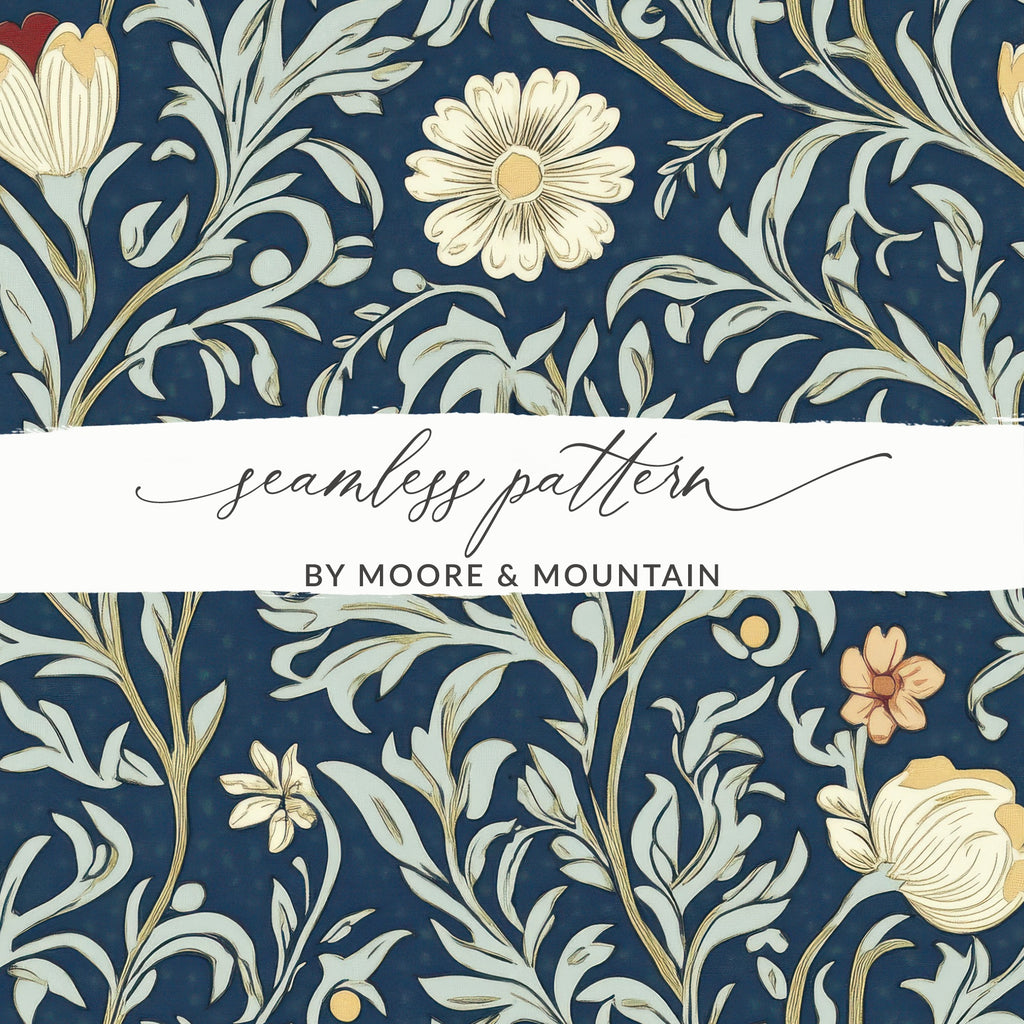 William Morris Seamless Pattern Navy Beige Light Blue Digital - Moore and Mountain