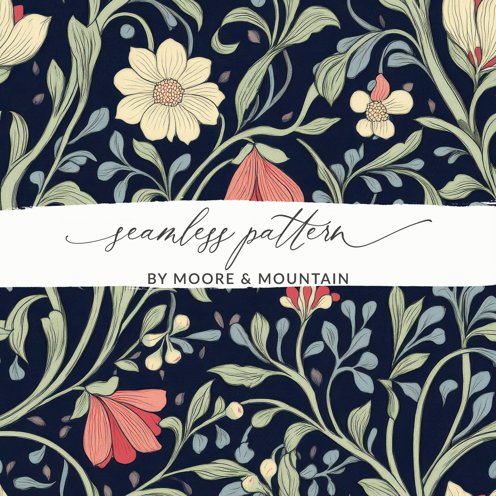 William Morris Seamless Pattern Navy Green Coral Digital - Moore and Mountain