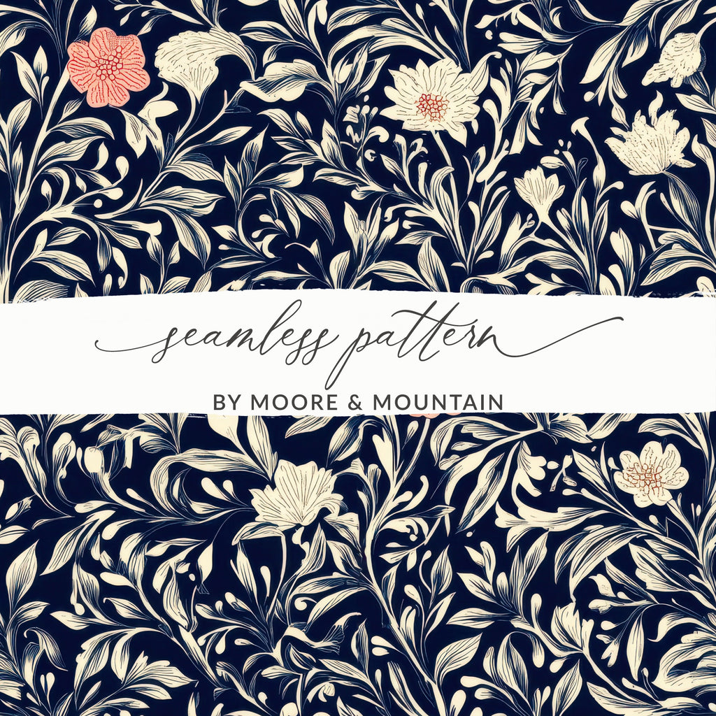 William Morris Strawberry Thief Pattern Blue White Coral Digital - Moore and Mountain