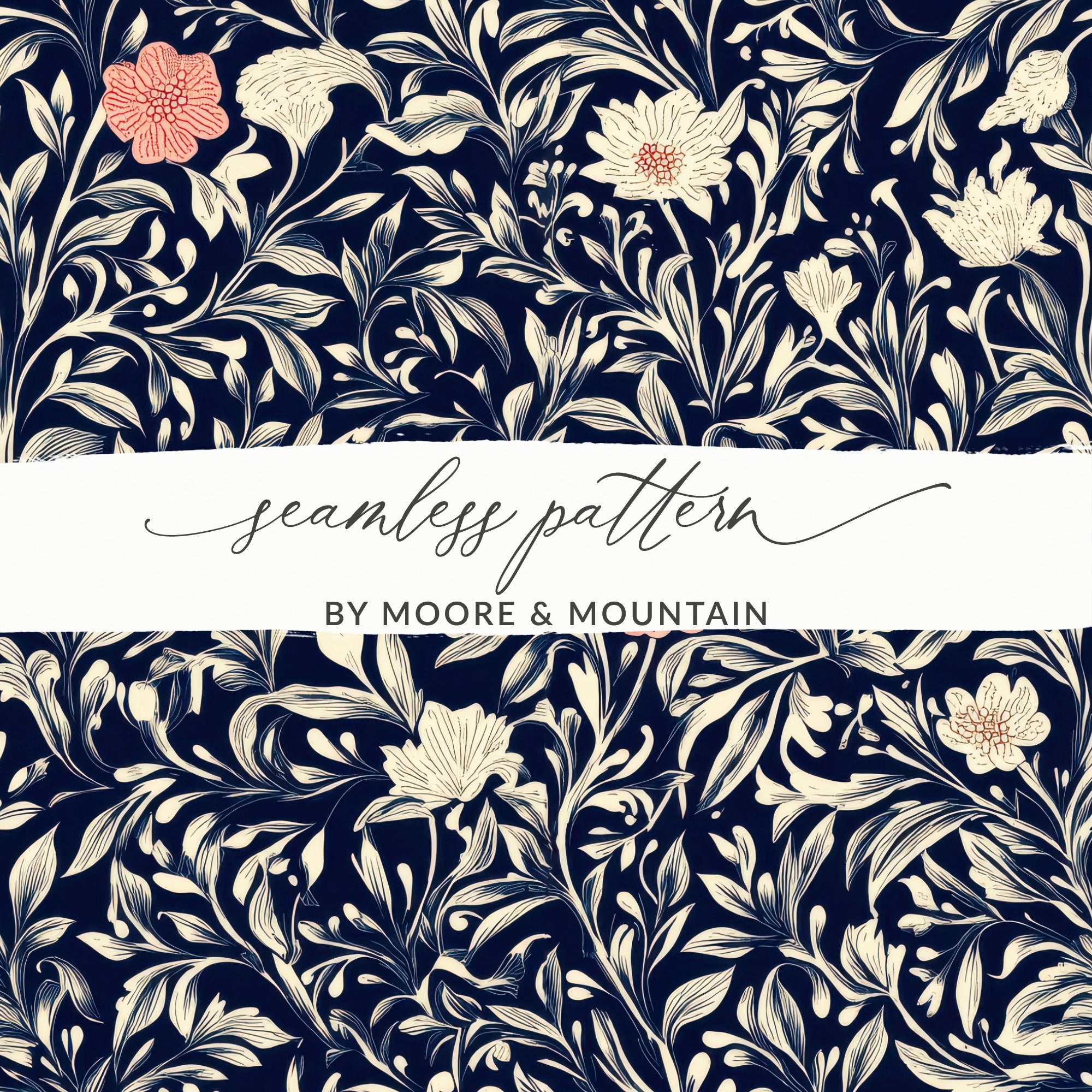 William Morris Strawberry Thief Pattern Blue White Coral Digital - Moore and Mountain