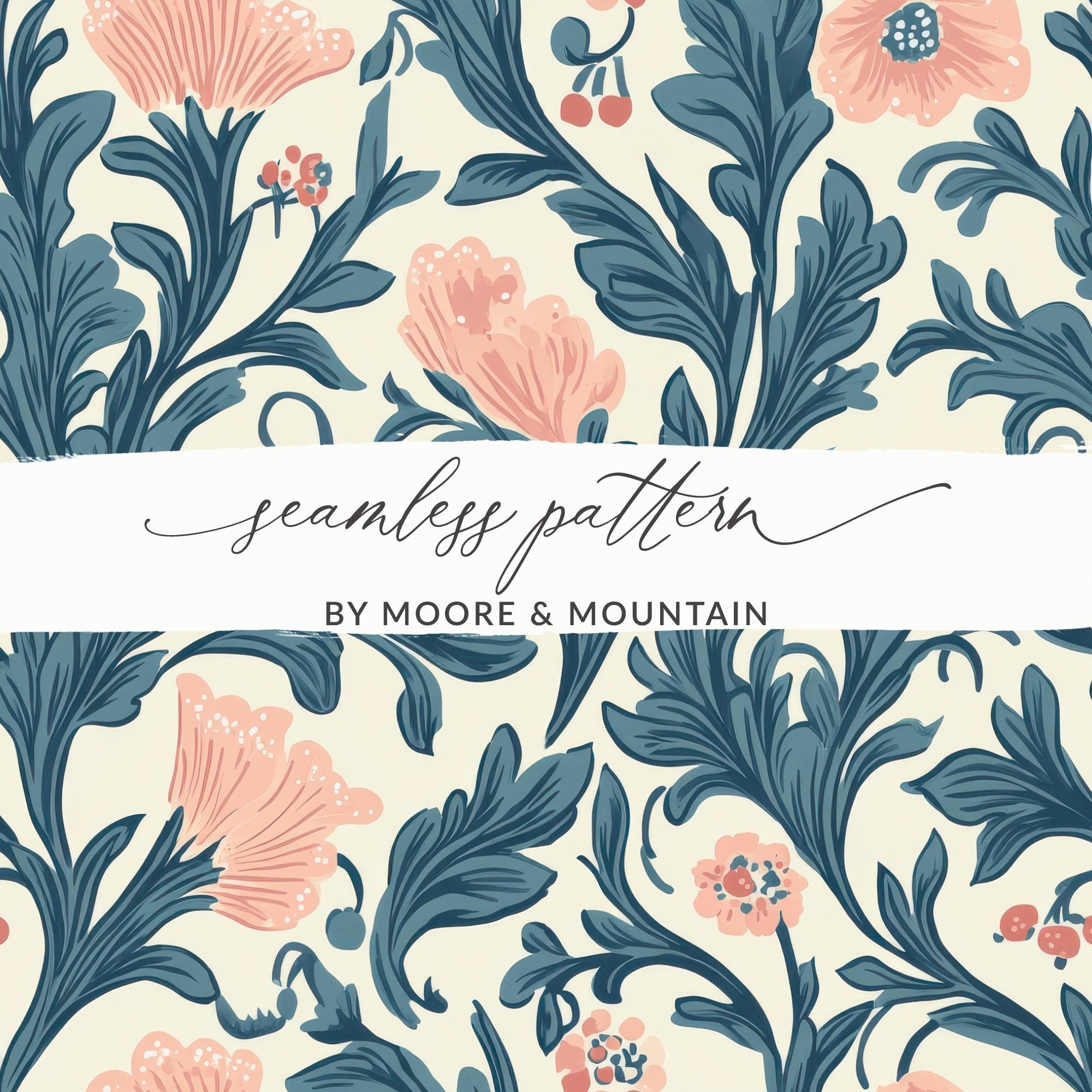 William Morris Strawberry Thief Pattern Pink Blue Digital - Moore and Mountain