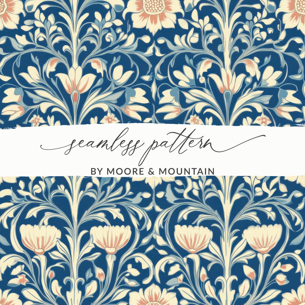 William Morris Vines Background Blue Beige Coral Digital - Moore and Mountain
