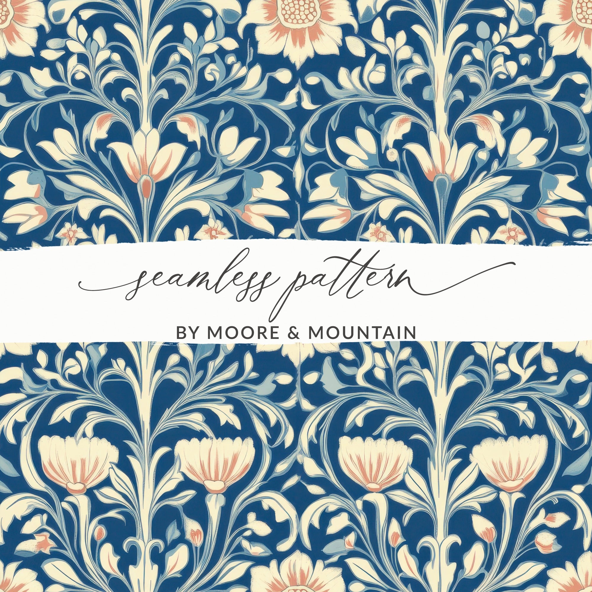 William Morris Vines Background Blue Beige Coral Digital - Moore and Mountain