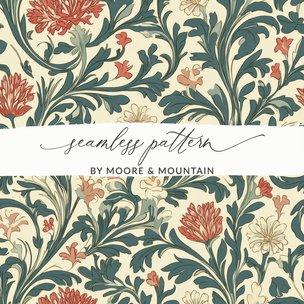 William Morris Vines Background Blue Pink Digital - Moore and Mountain