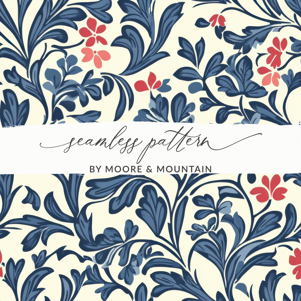 William Morris Vines Background Blue Red and Beige Digital - Moore and Mountain