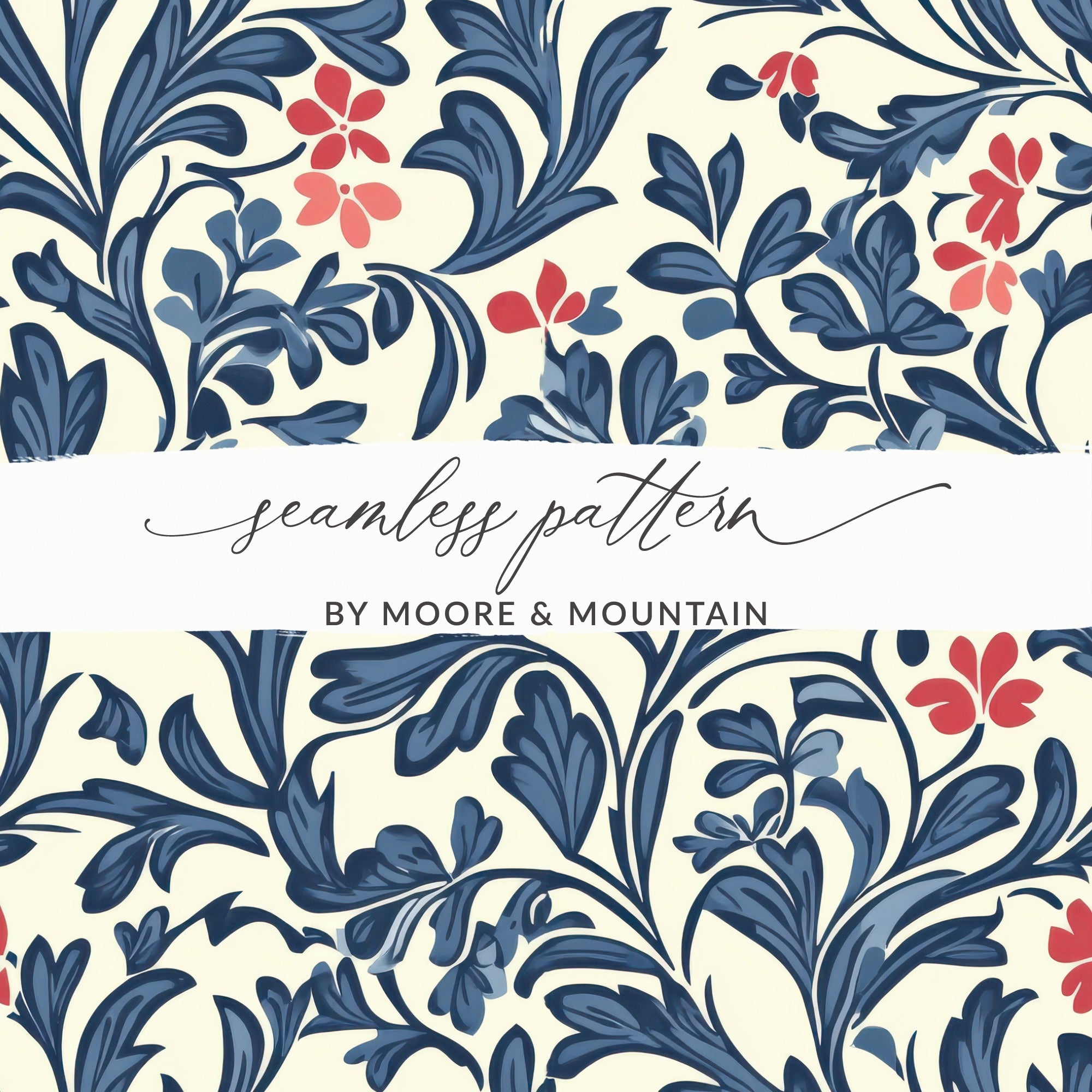 William Morris Vines Background Blue Red and Beige Digital - Moore and Mountain
