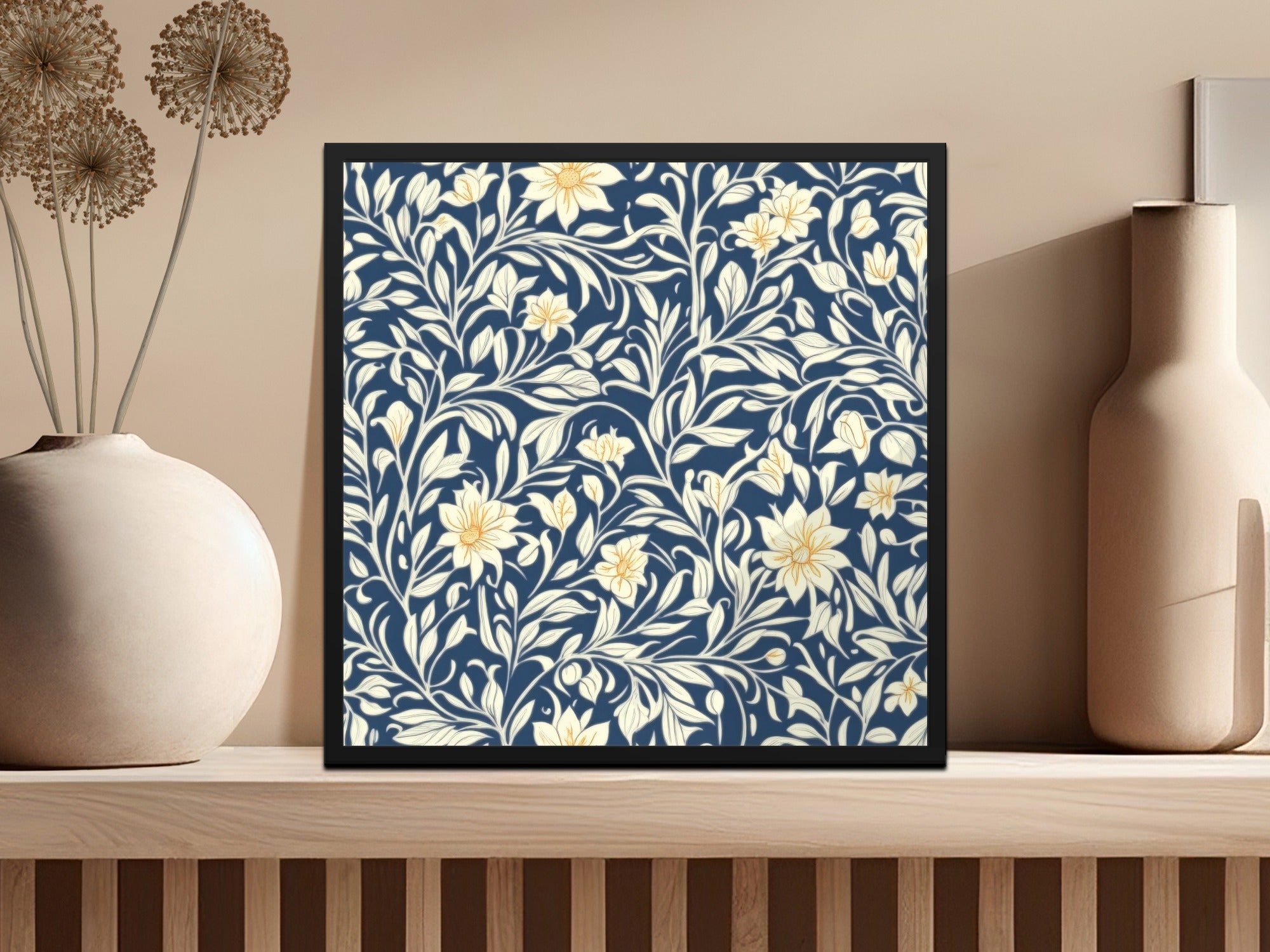 William Morris Vines Background Navy Blue Yellow Digital - Moore and Mountain