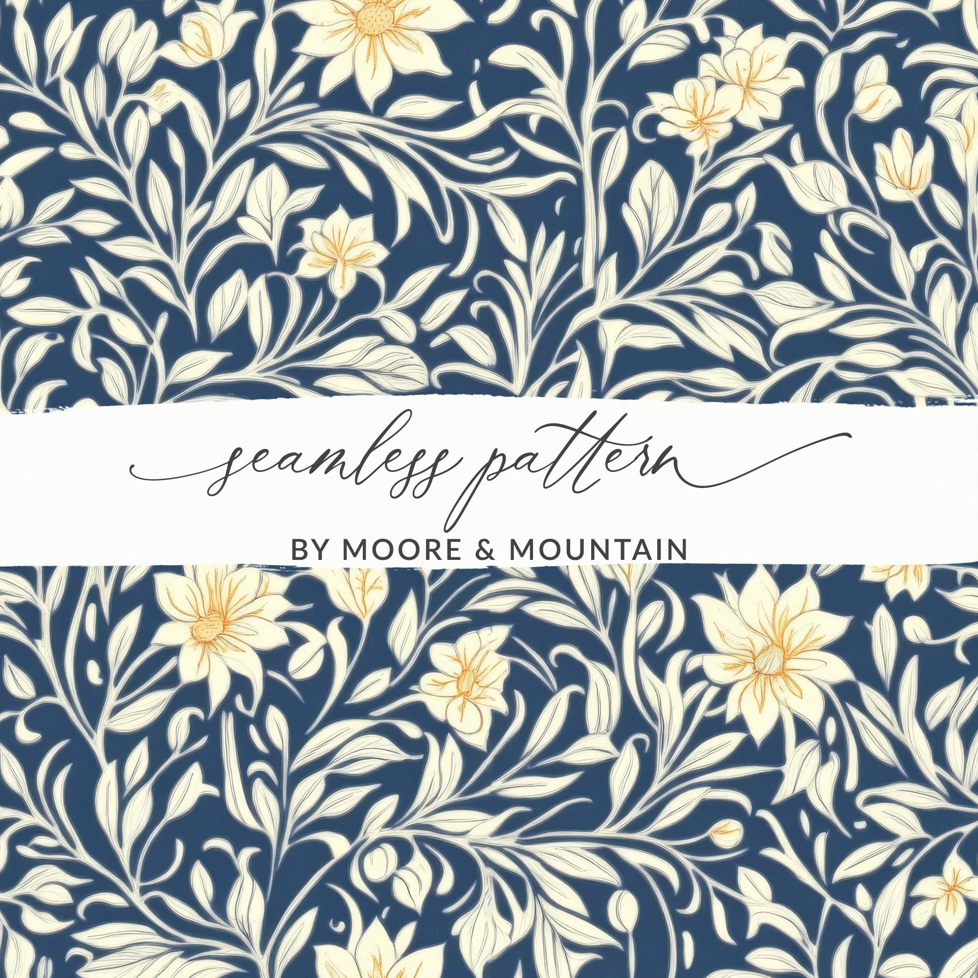 William Morris Vines Background Navy Blue Yellow Digital - Moore and Mountain