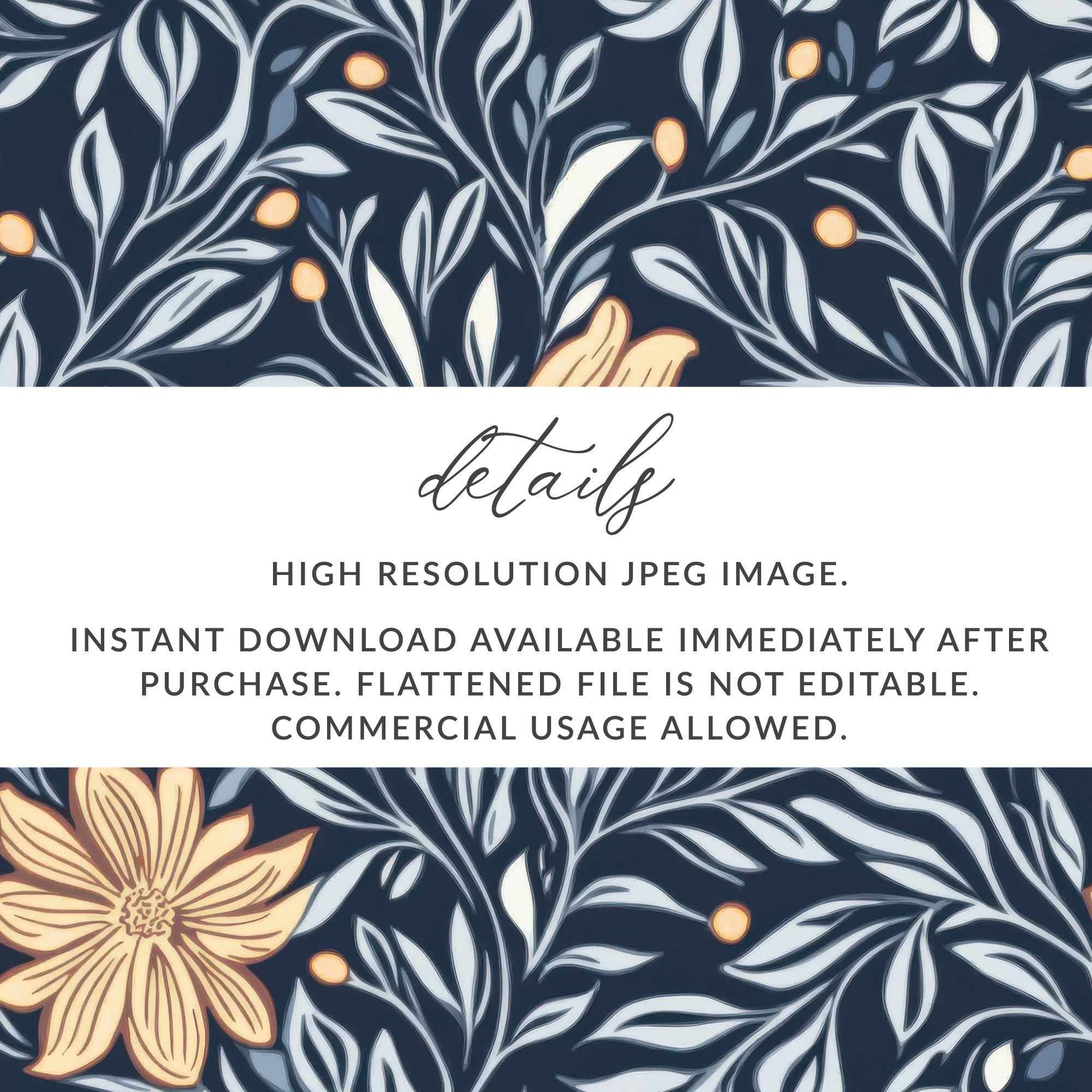 William Morris Vines Background Navy Yellow Digital - Moore and Mountain