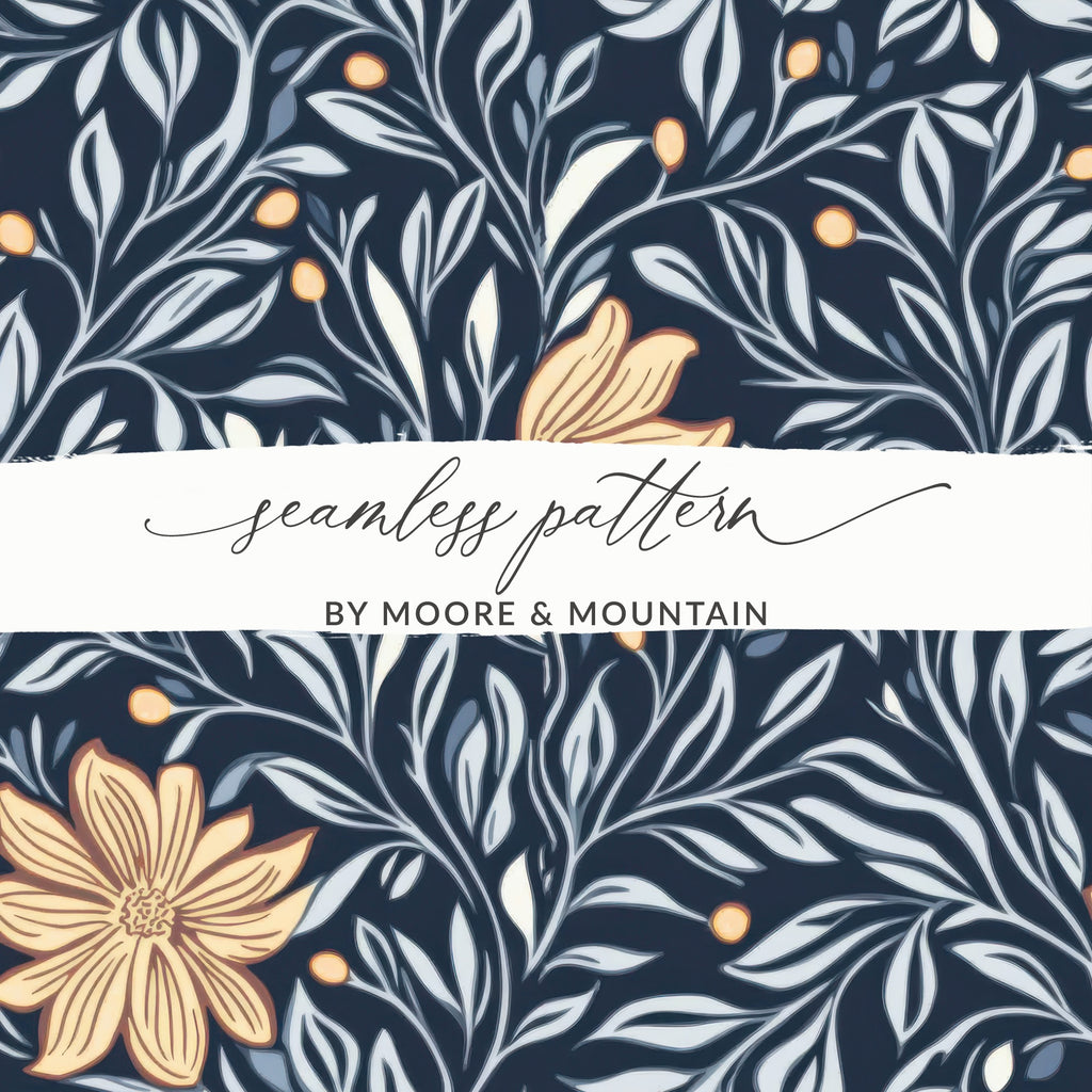 William Morris Vines Background Navy Yellow Digital - Moore and Mountain