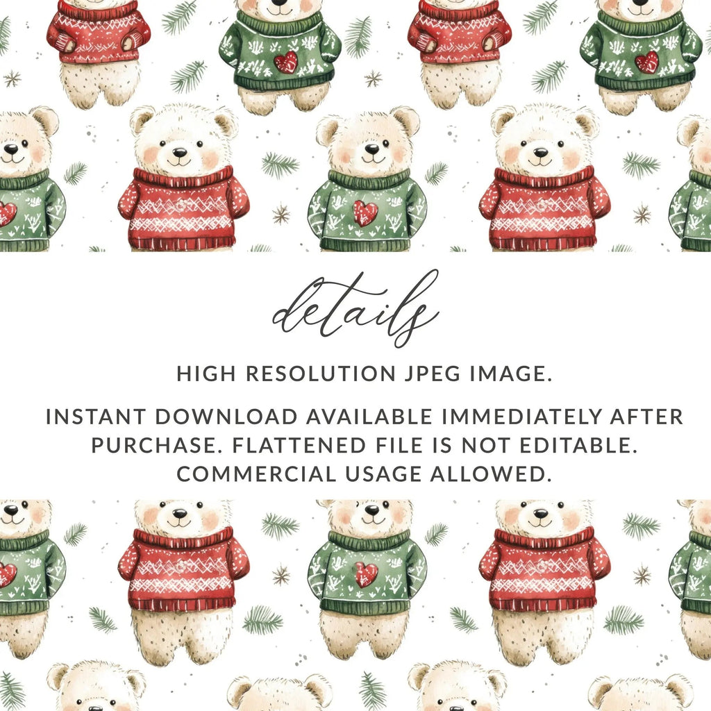 Winter Bear Seamless Pattern, Christmas Digital Paper, Holiday Bears, Cute Animal Print, Festive Fabric Design, JPEG Files, Digital - Moore and Mountain