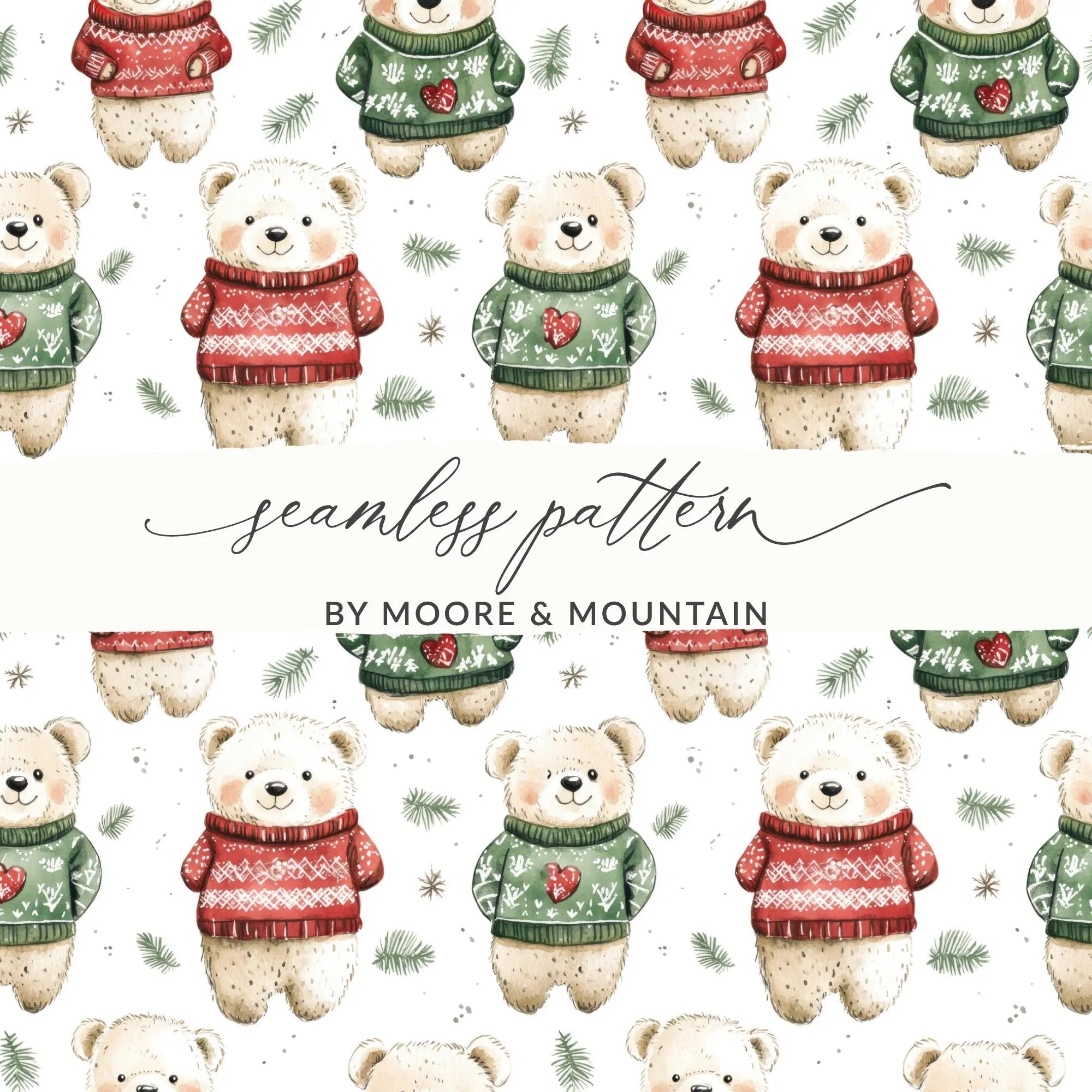 Winter Bear Seamless Pattern, Christmas Digital Paper, Holiday Bears, Cute Animal Print, Festive Fabric Design, JPEG Files, Digital - Moore and Mountain