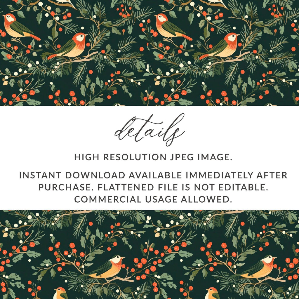 Winter Bird Seamless Pattern, Digital Paper, Christmas Design, Holiday Fabric Design, Seamless JPEG, 12x12 inches Digital Download - Moore and Mountain