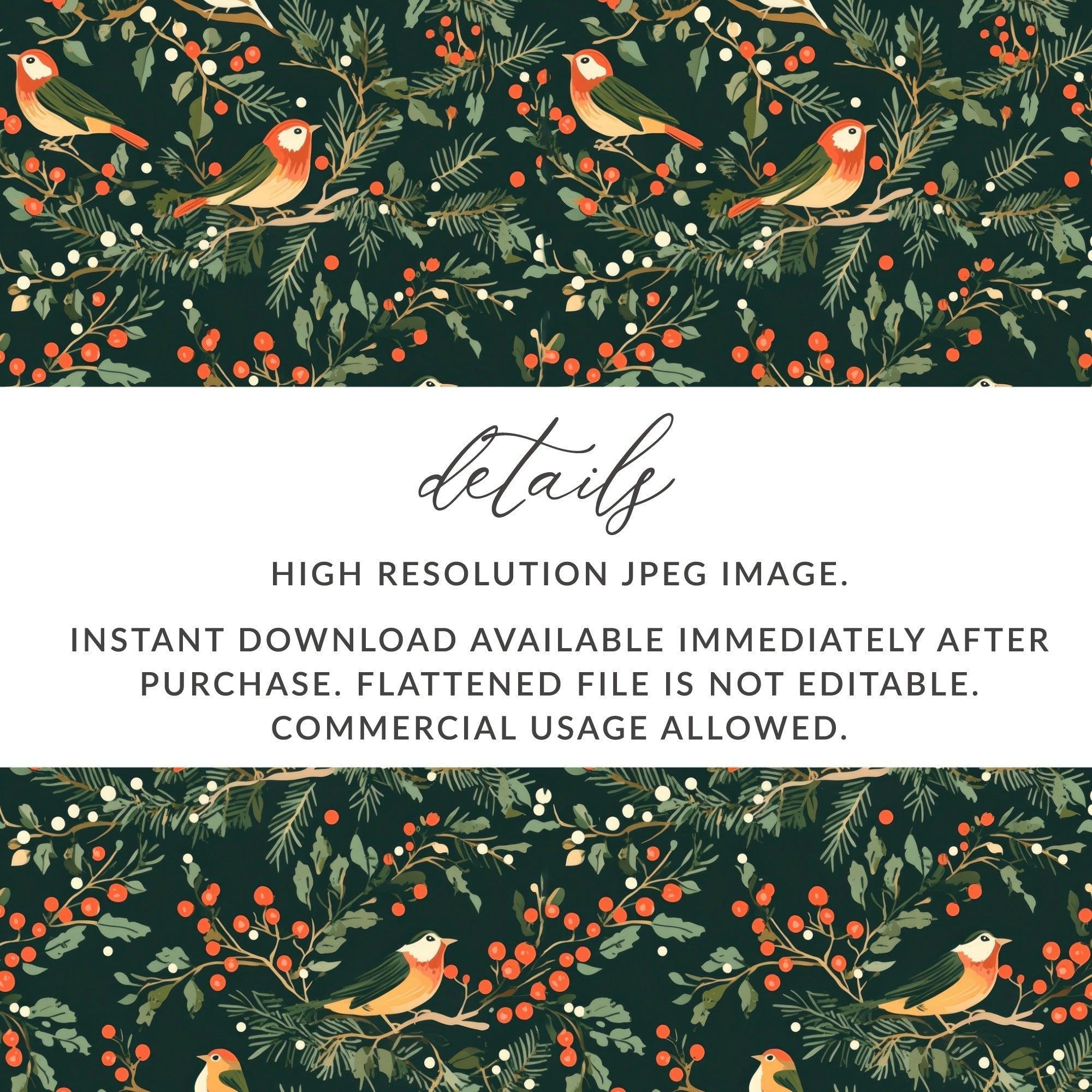 Winter Bird Seamless Pattern, Digital Paper, Christmas Design, Holiday Fabric Design, Seamless JPEG, 12x12 inches Digital Download - Moore and Mountain