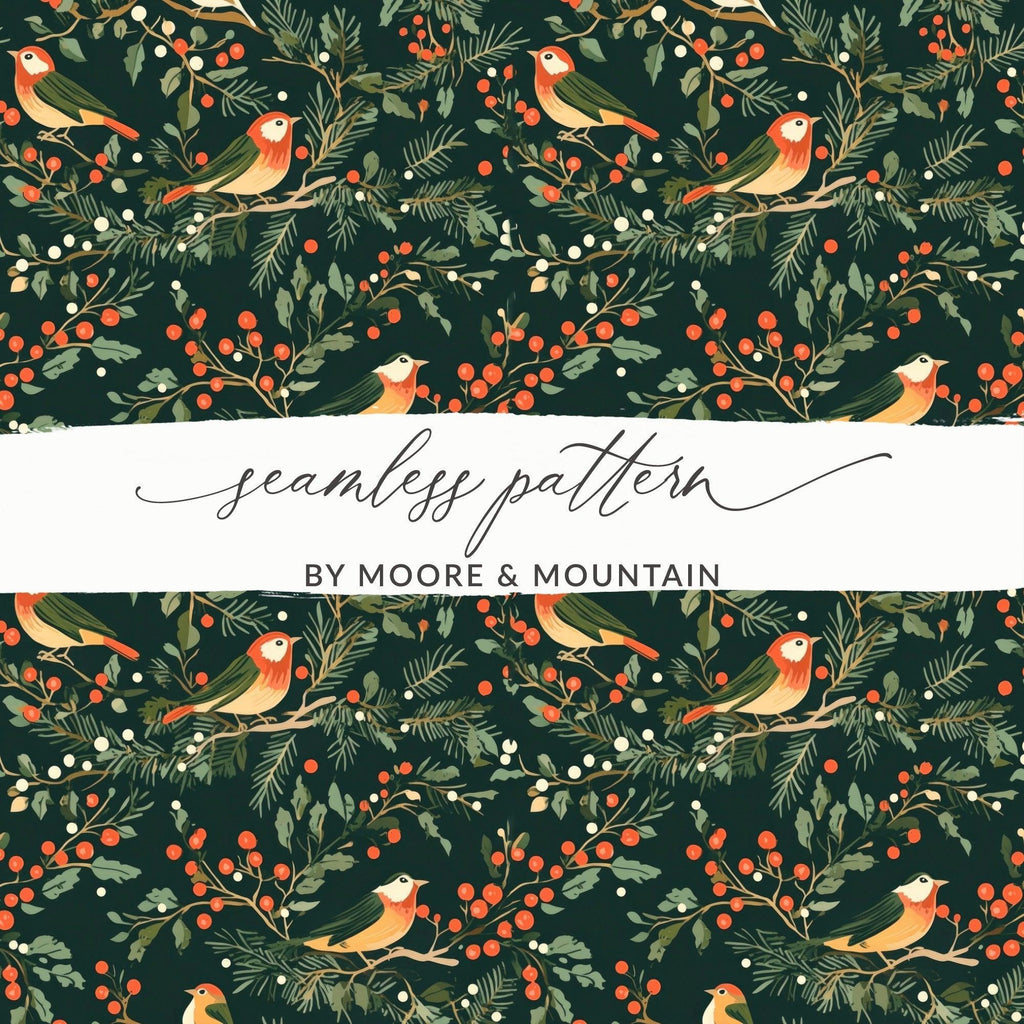 Winter Bird Seamless Pattern, Digital Paper, Christmas Design, Holiday Fabric Design, Seamless JPEG, 12x12 inches Digital Download - Moore and Mountain