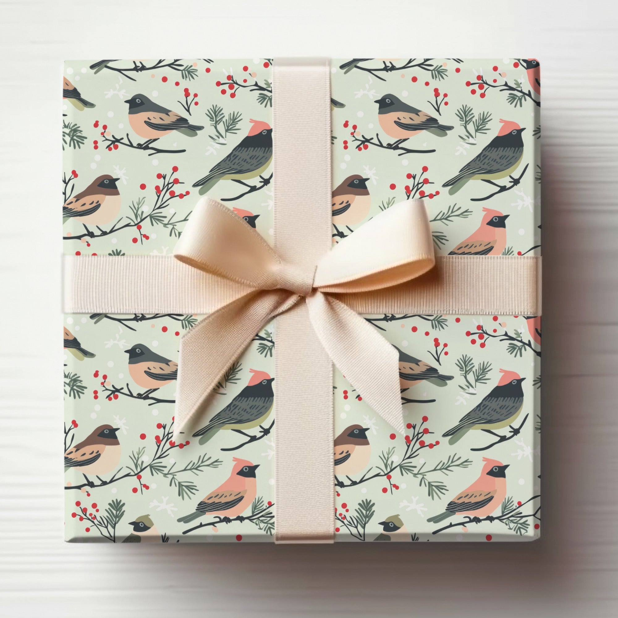 Elegant Bird Print Gift Wrap with Cream Ribbon