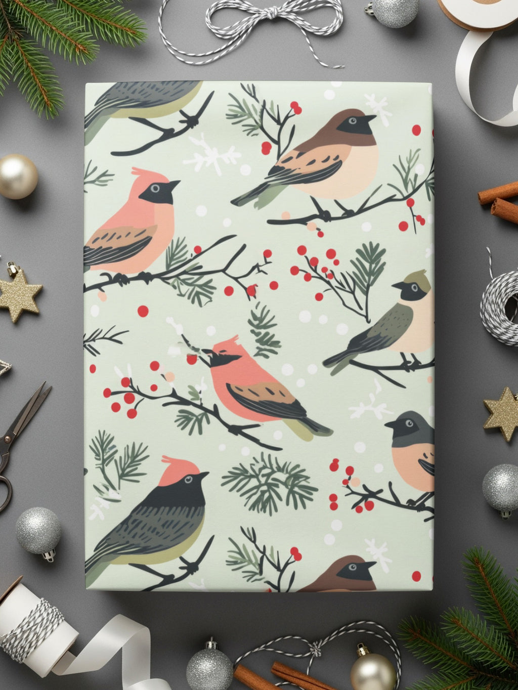 Festive Holiday Birds and Berries Wrapping Paper