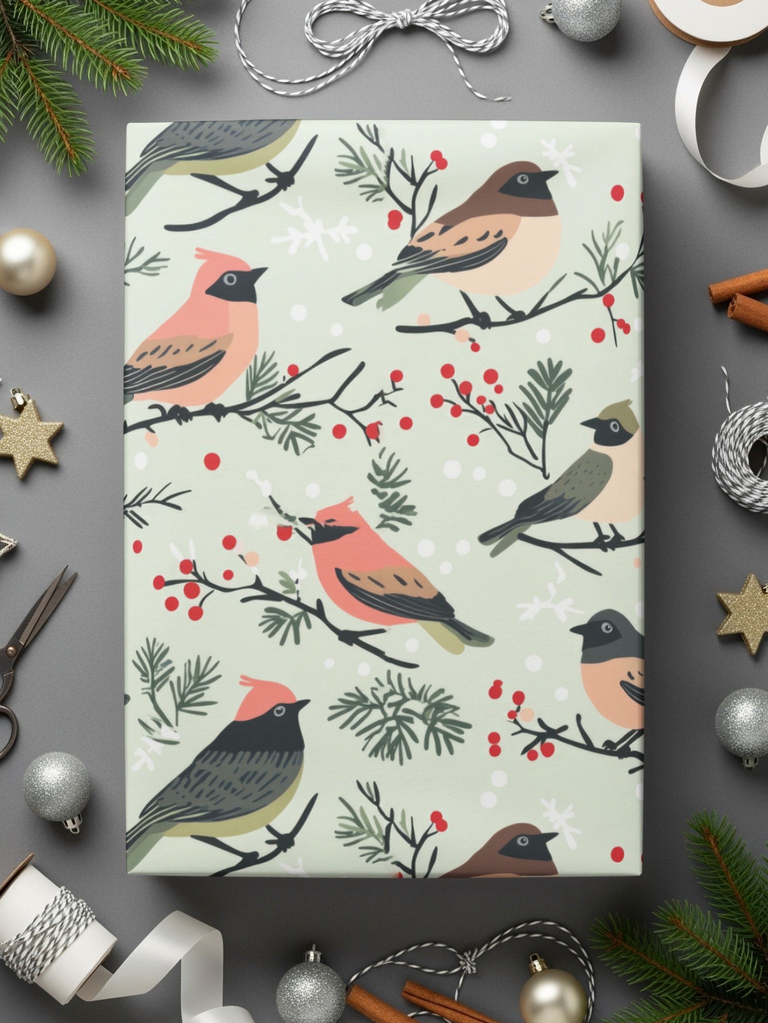 Festive Holiday Birds and Berries Wrapping Paper
