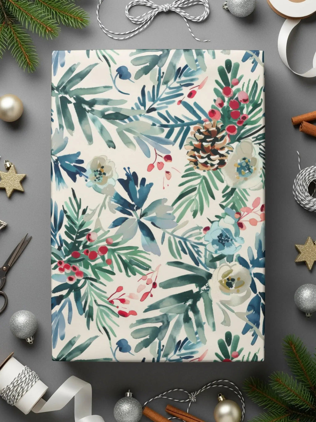 Winter Floral Digital Paper, Watercolor Seamless Pattern, Christmas Floral, Holiday Pattern, Pine Cone Digital Download - Moore and Mountain