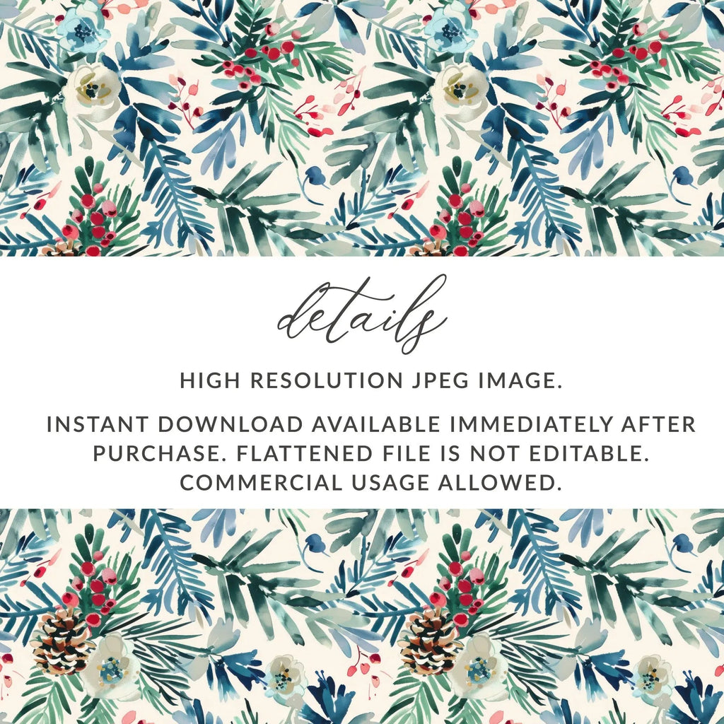 Winter Floral Digital Paper, Watercolor Seamless Pattern, Christmas Floral, Holiday Pattern, Pine Cone Digital Download - Moore and Mountain