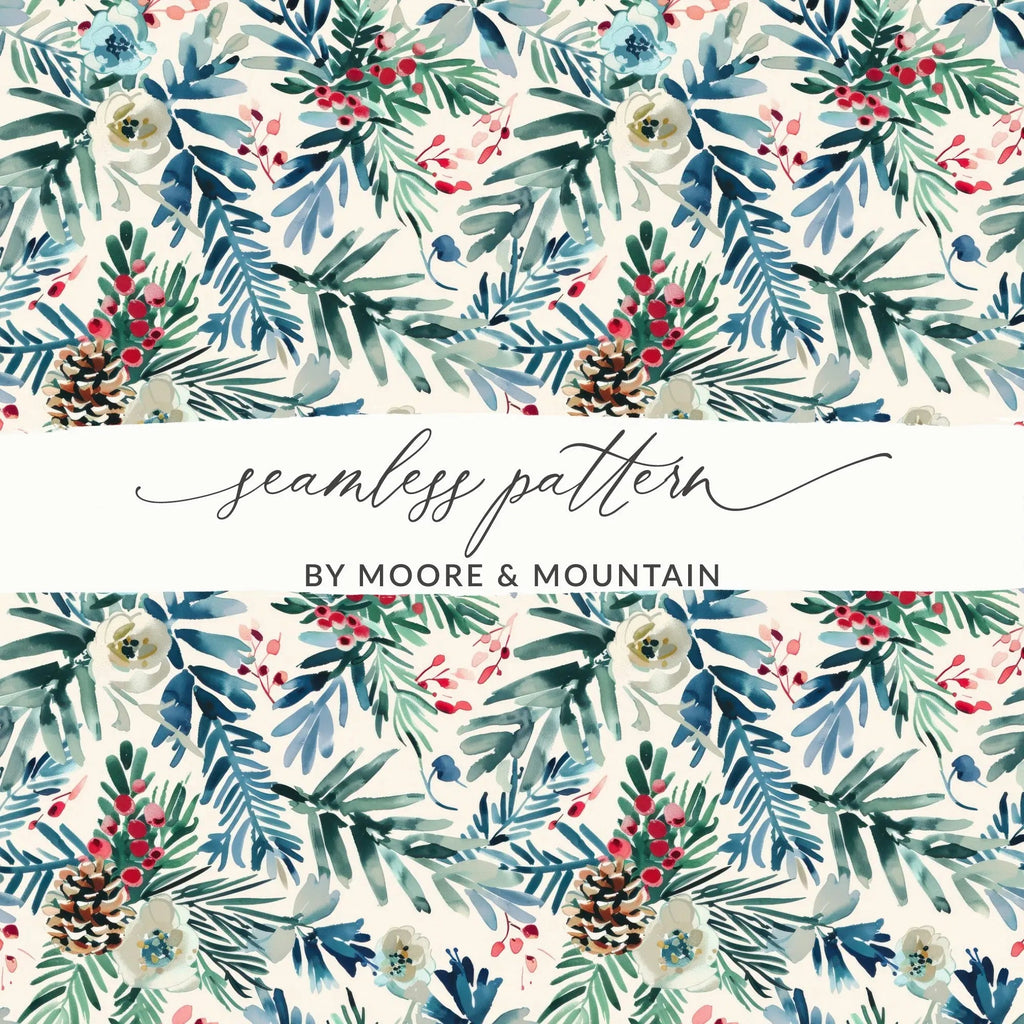 Winter Floral Digital Paper, Watercolor Seamless Pattern, Christmas Floral, Holiday Pattern, Pine Cone Digital Download - Moore and Mountain